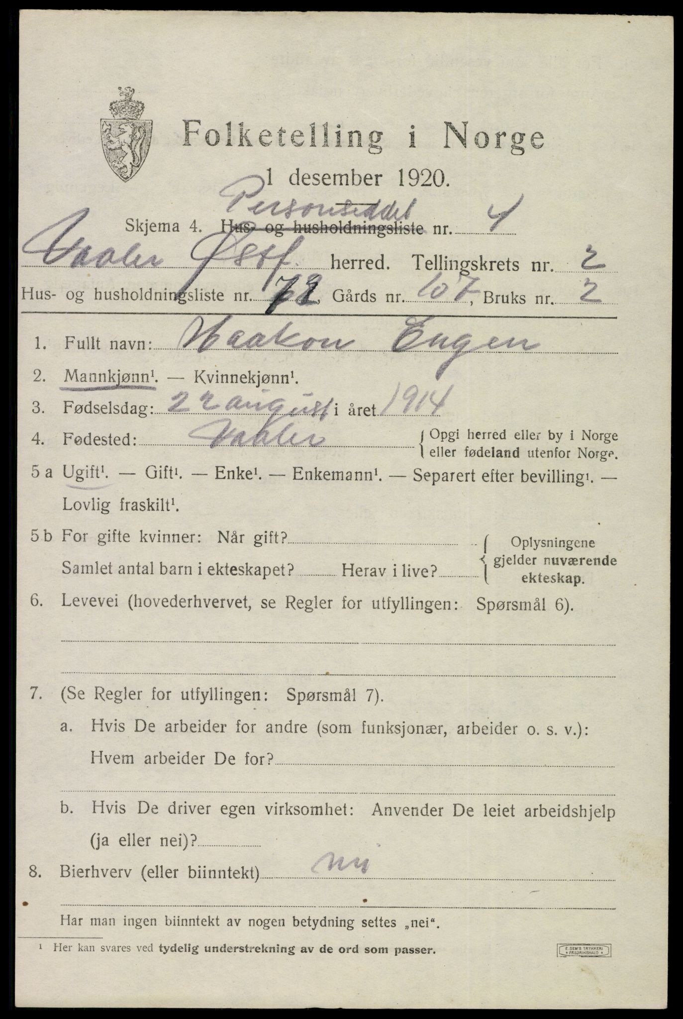 SAO, 1920 census for Våler, 1920, p. 2050