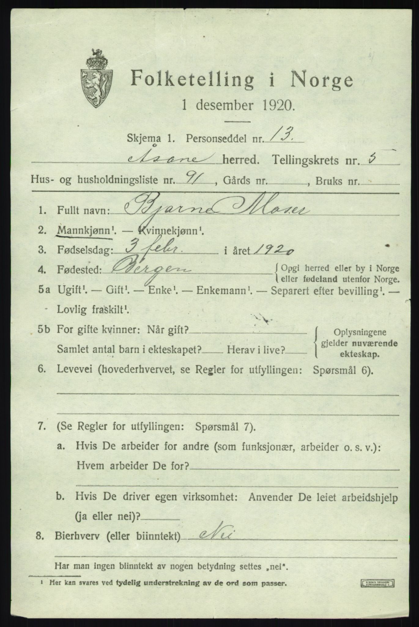 SAB, 1920 census for Åsane, 1920, p. 4089