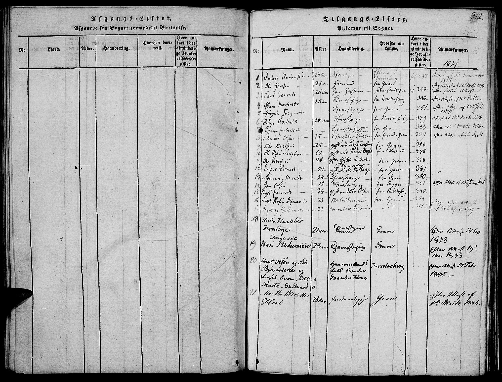 Jevnaker prestekontor, SAH/PREST-116/H/Ha/Haa/L0005: Parish register (official) no. 5, 1815-1837, p. 312