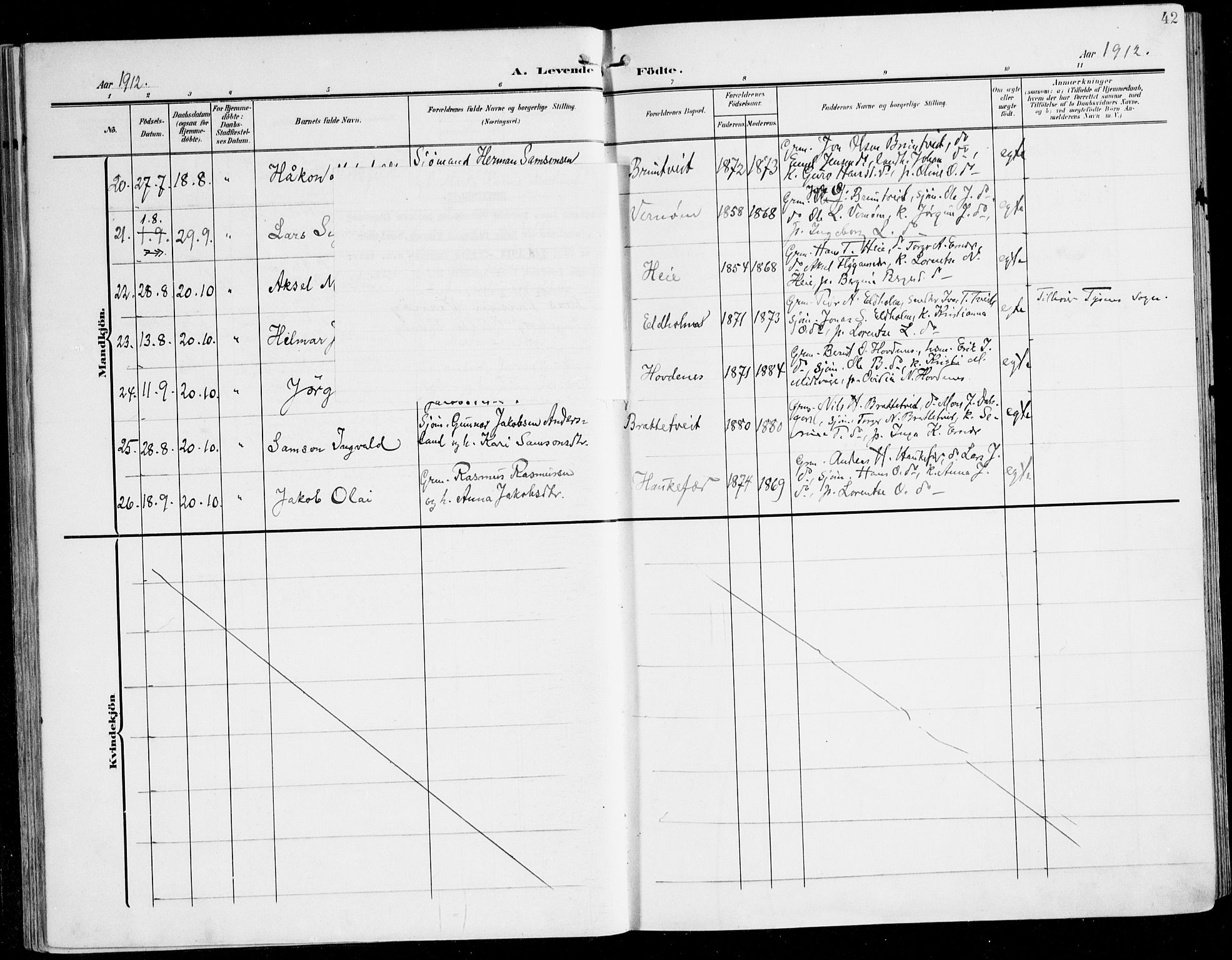 Tysnes sokneprestembete, SAB/A-78601/H/Haa: Parish register (official) no. D 2, 1905-1922, p. 42