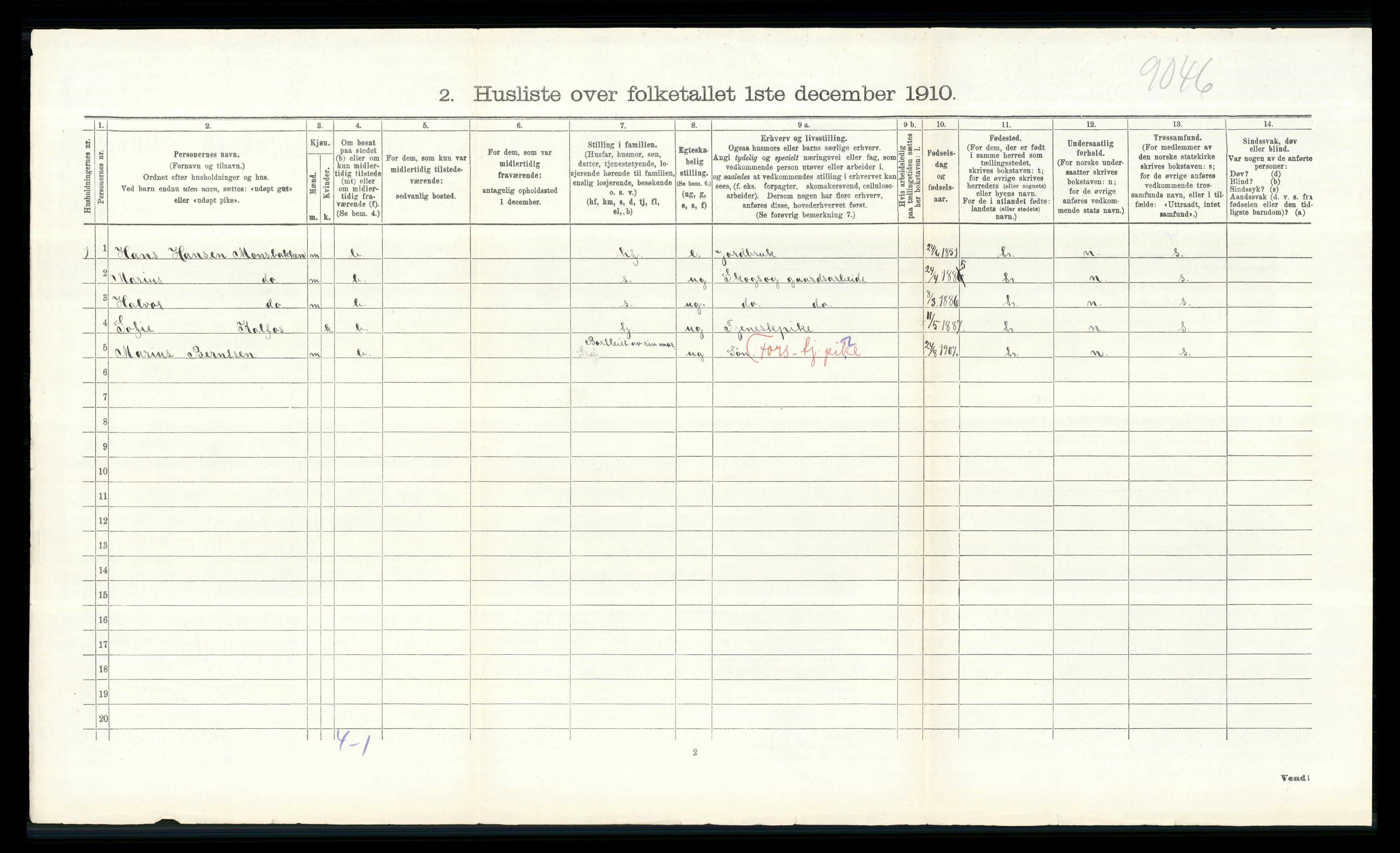 RA, 1910 census for Åsnes, 1910, p. 1037