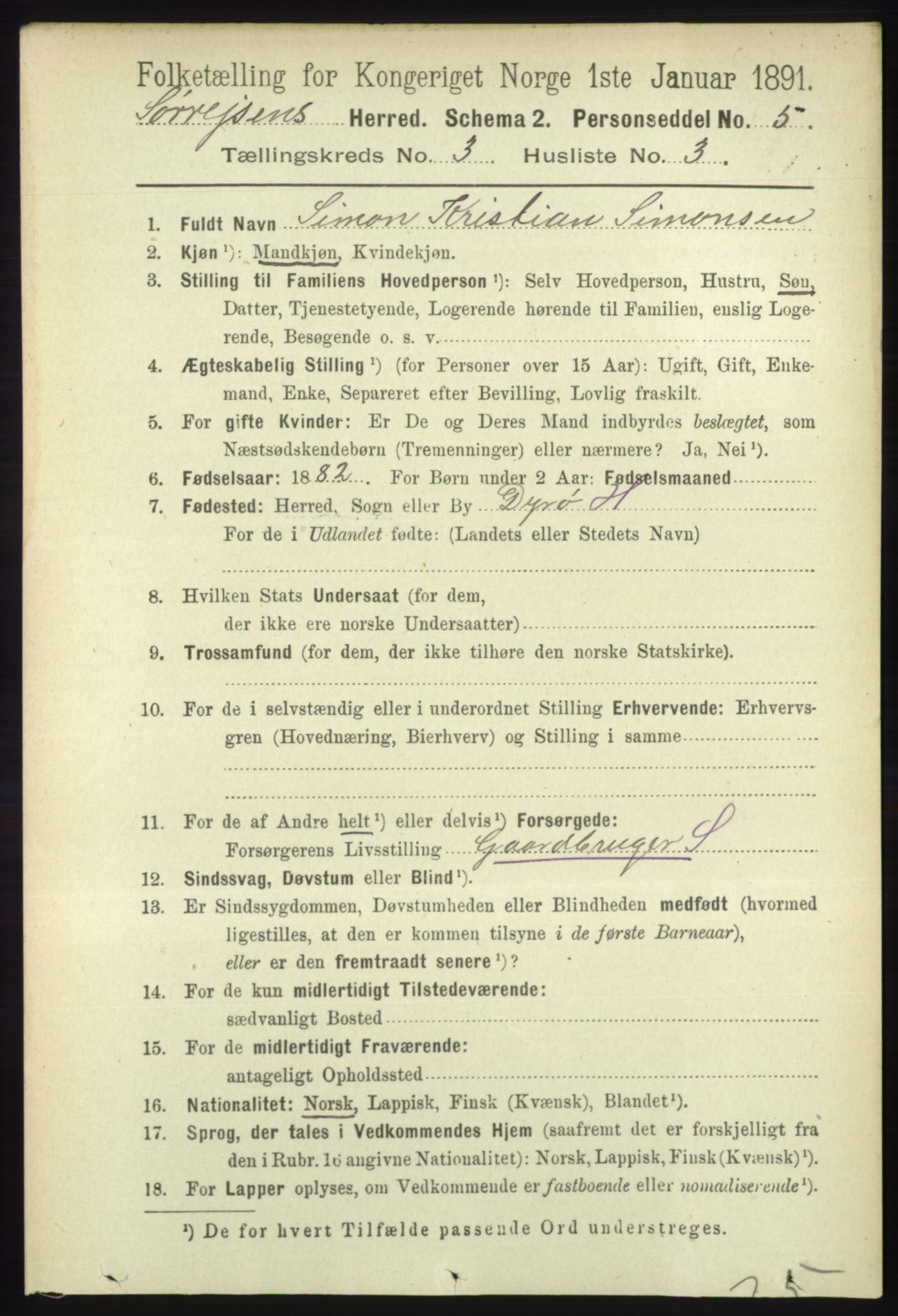 RA, 1891 census for 1925 Sørreisa, 1891, p. 702