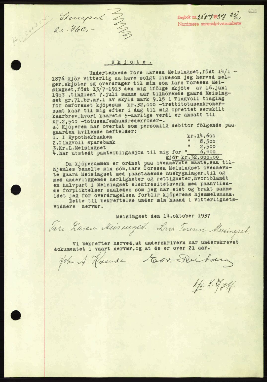 Nordmøre sorenskriveri, SAT/A-4132/1/2/2Ca: Mortgage book no. A82, 1937-1938, Diary no: : 2587/1937