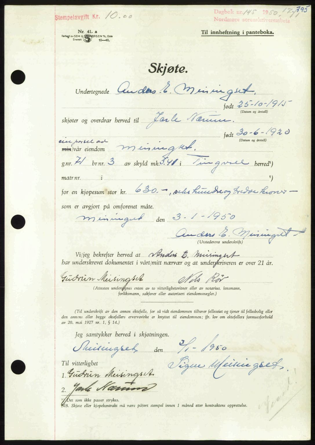 Nordmøre sorenskriveri, AV/SAT-A-4132/1/2/2Ca: Mortgage book no. A113, 1949-1950, Diary no: : 145/1950