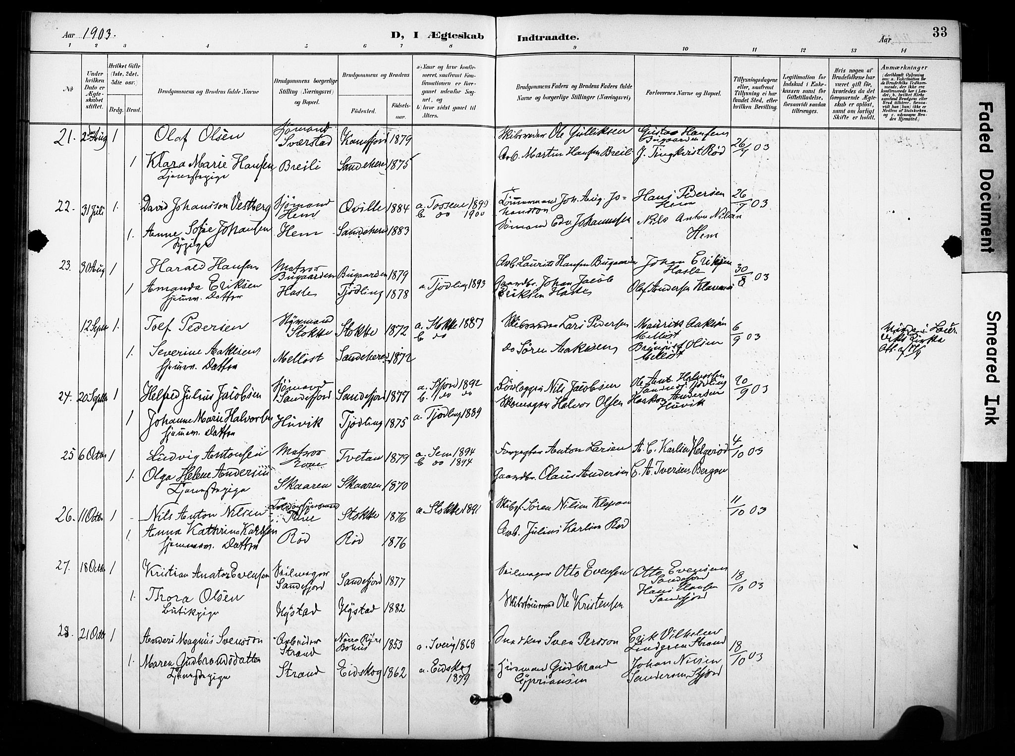 Sandar kirkebøker, SAKO/A-243/F/Fa/L0015: Parish register (official) no. 15, 1896-1907, p. 33