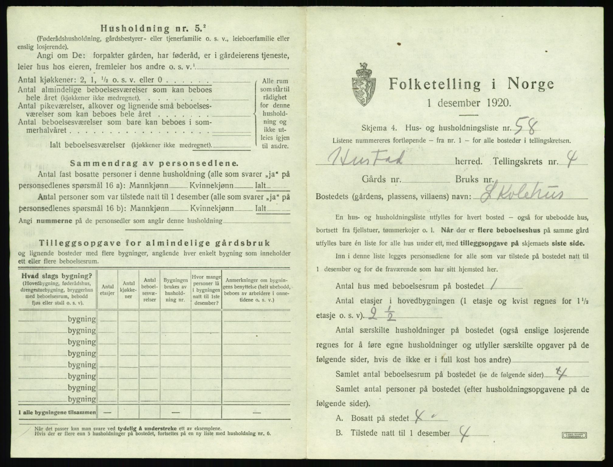 SAT, 1920 census for Hustad, 1920, p. 487