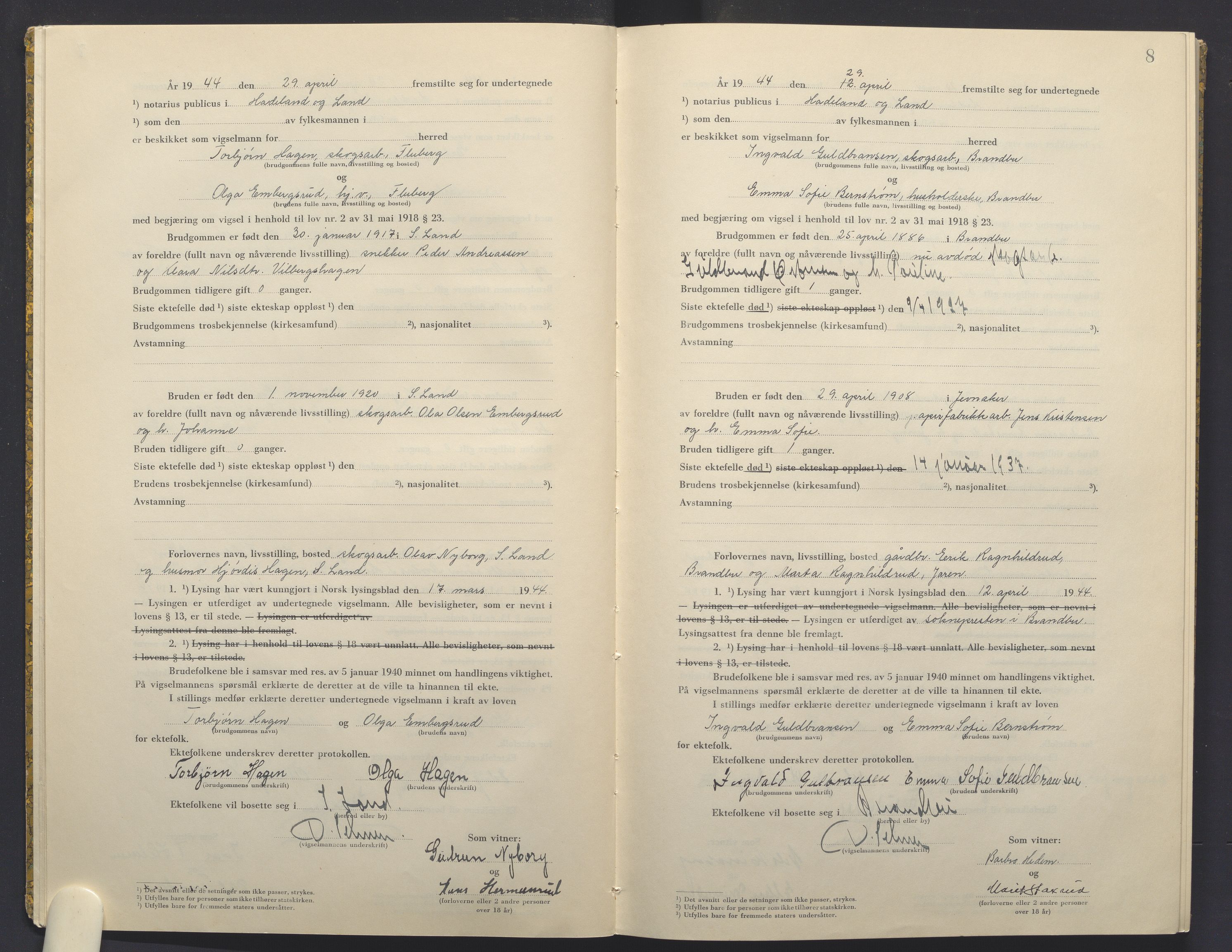 Hadeland og Land tingrett, AV/SAH-TING-010/L/Lb/L0003: Vigselbok, 1944-1946, p. 8