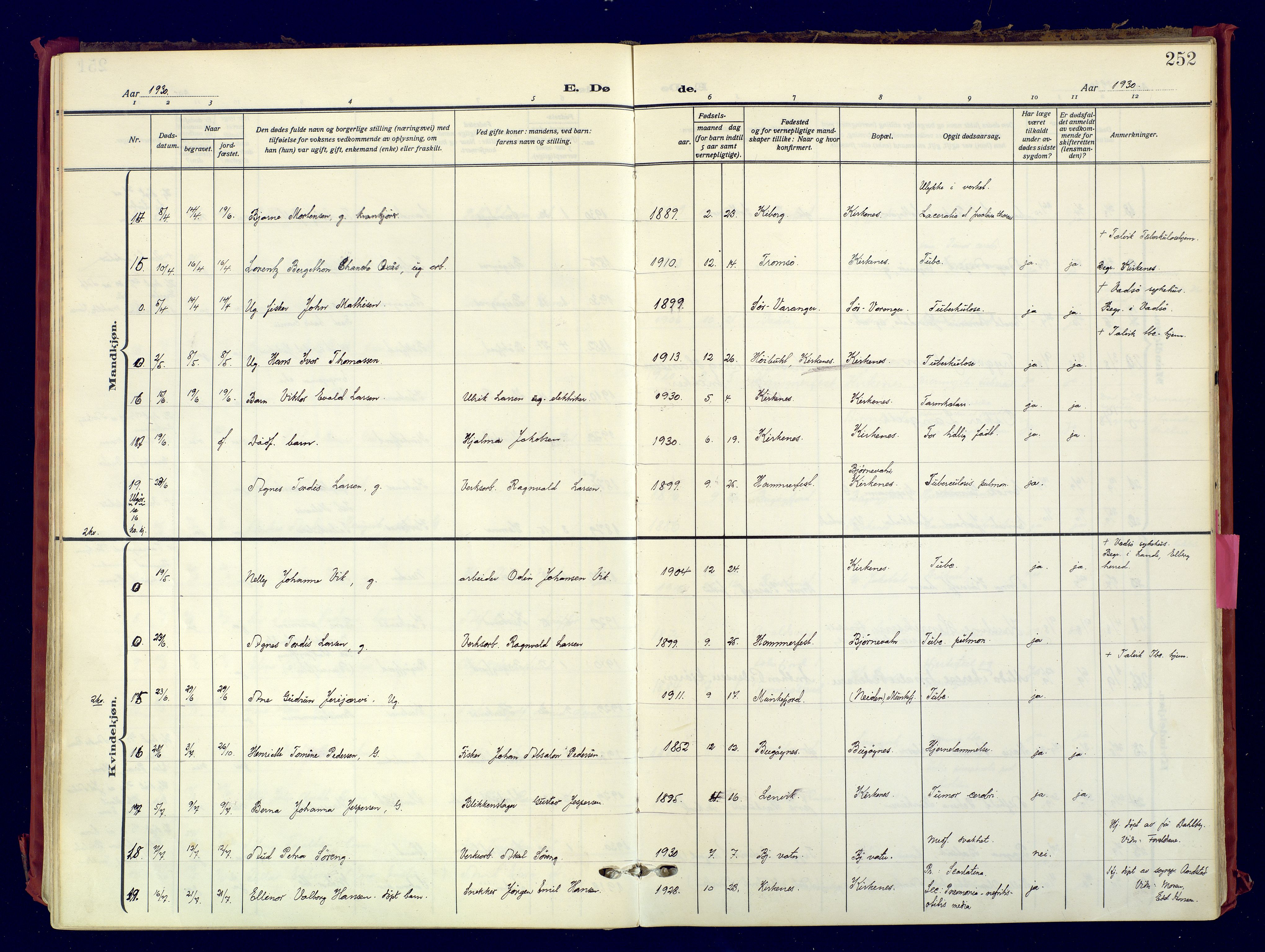 Sør-Varanger sokneprestkontor, AV/SATØ-S-1331/H/Ha/L0007kirke: Parish register (official) no. 7, 1927-1937, p. 252