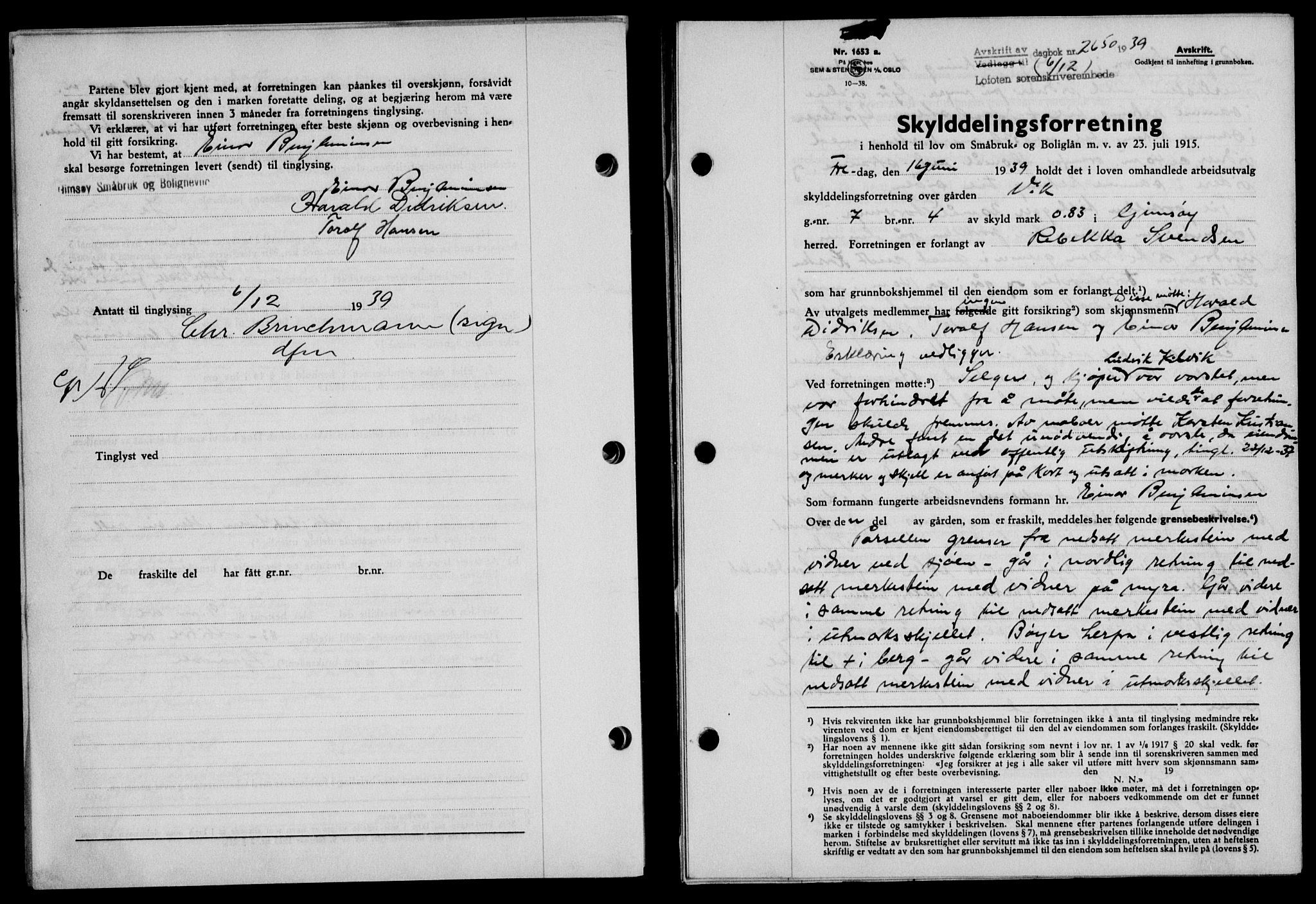 Lofoten sorenskriveri, SAT/A-0017/1/2/2C/L0007a: Mortgage book no. 7a, 1939-1940, Diary no: : 2650/1939