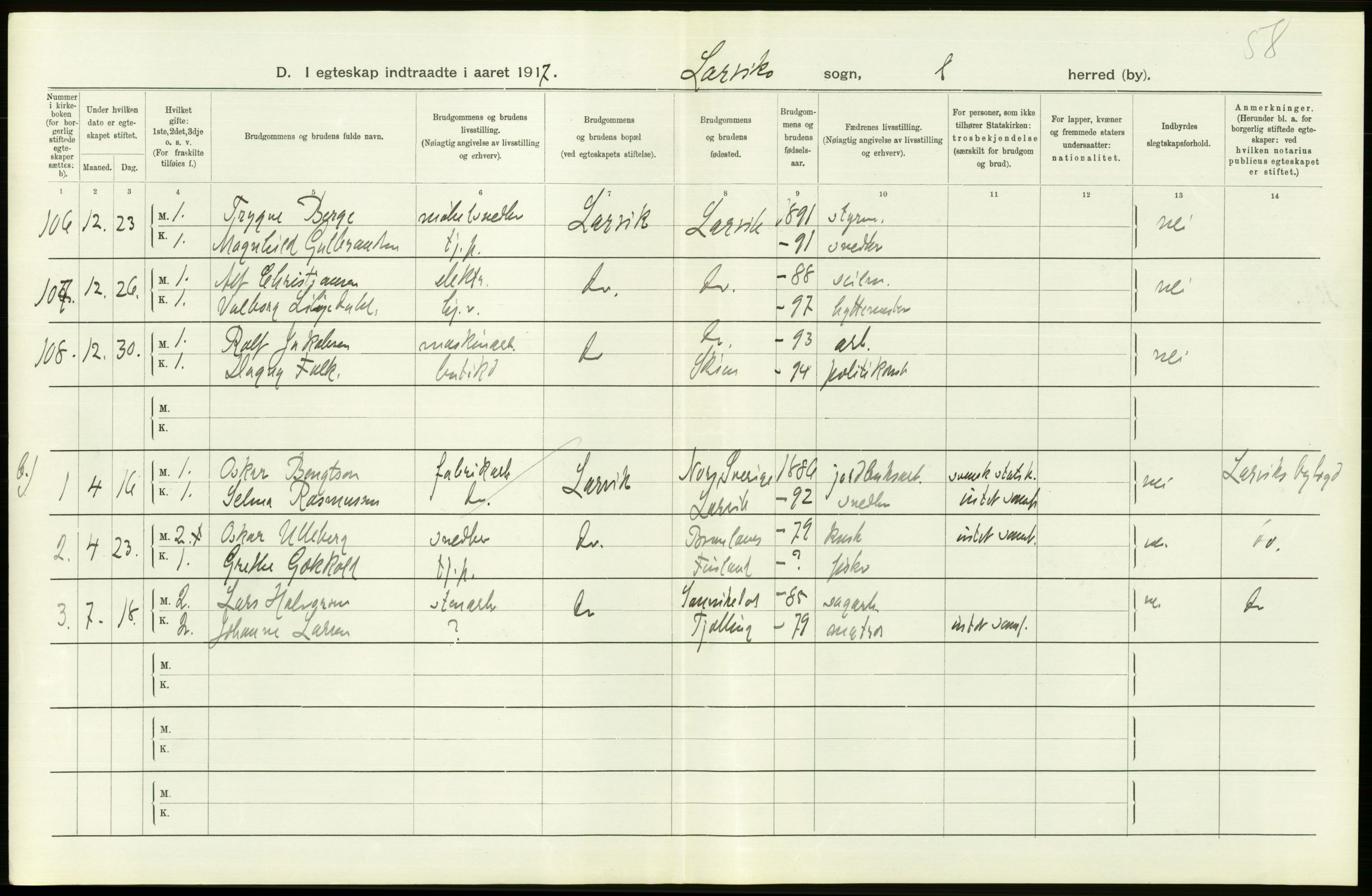 Statistisk sentralbyrå, Sosiodemografiske emner, Befolkning, AV/RA-S-2228/D/Df/Dfb/Dfbg/L0022: Jarlsberg og Larviks amt: Levendefødte menn og kvinner. Byer, samt gifte. Bygder og byer., 1917, p. 308