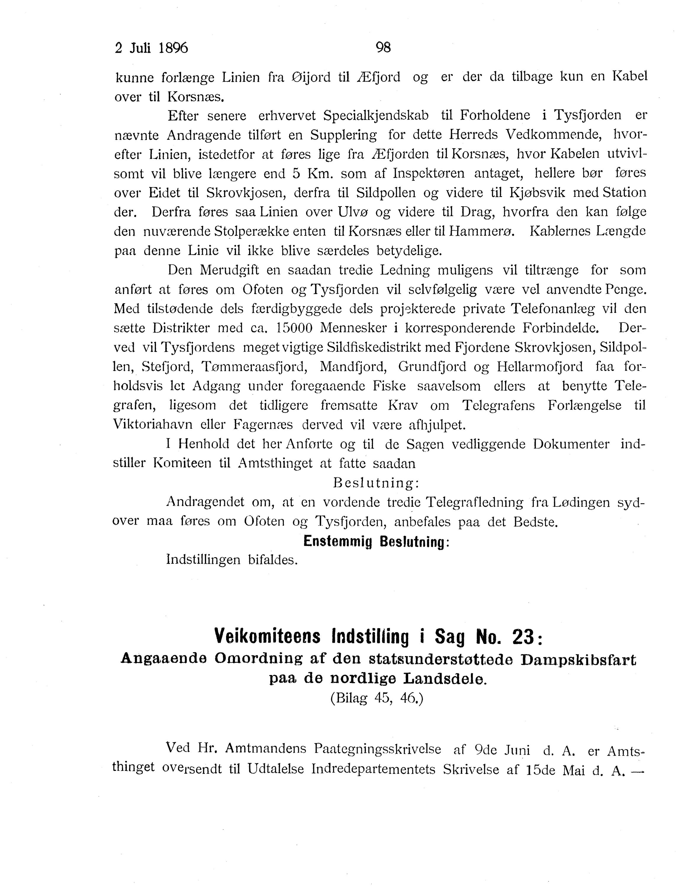 Nordland Fylkeskommune. Fylkestinget, AIN/NFK-17/176/A/Ac/L0019: Fylkestingsforhandlinger 1896, 1896