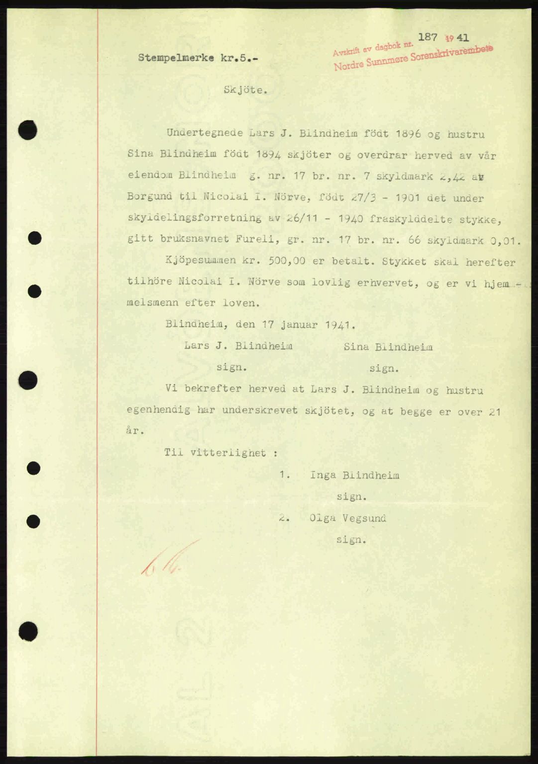 Nordre Sunnmøre sorenskriveri, AV/SAT-A-0006/1/2/2C/2Ca: Mortgage book no. A10, 1940-1941, Diary no: : 187/1941