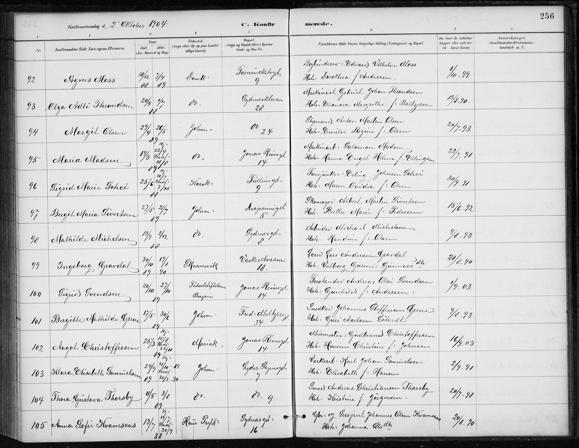 Johanneskirken sokneprestembete, AV/SAB-A-76001/H/Haa/L0008: Parish register (official) no. C 1, 1885-1907, p. 256