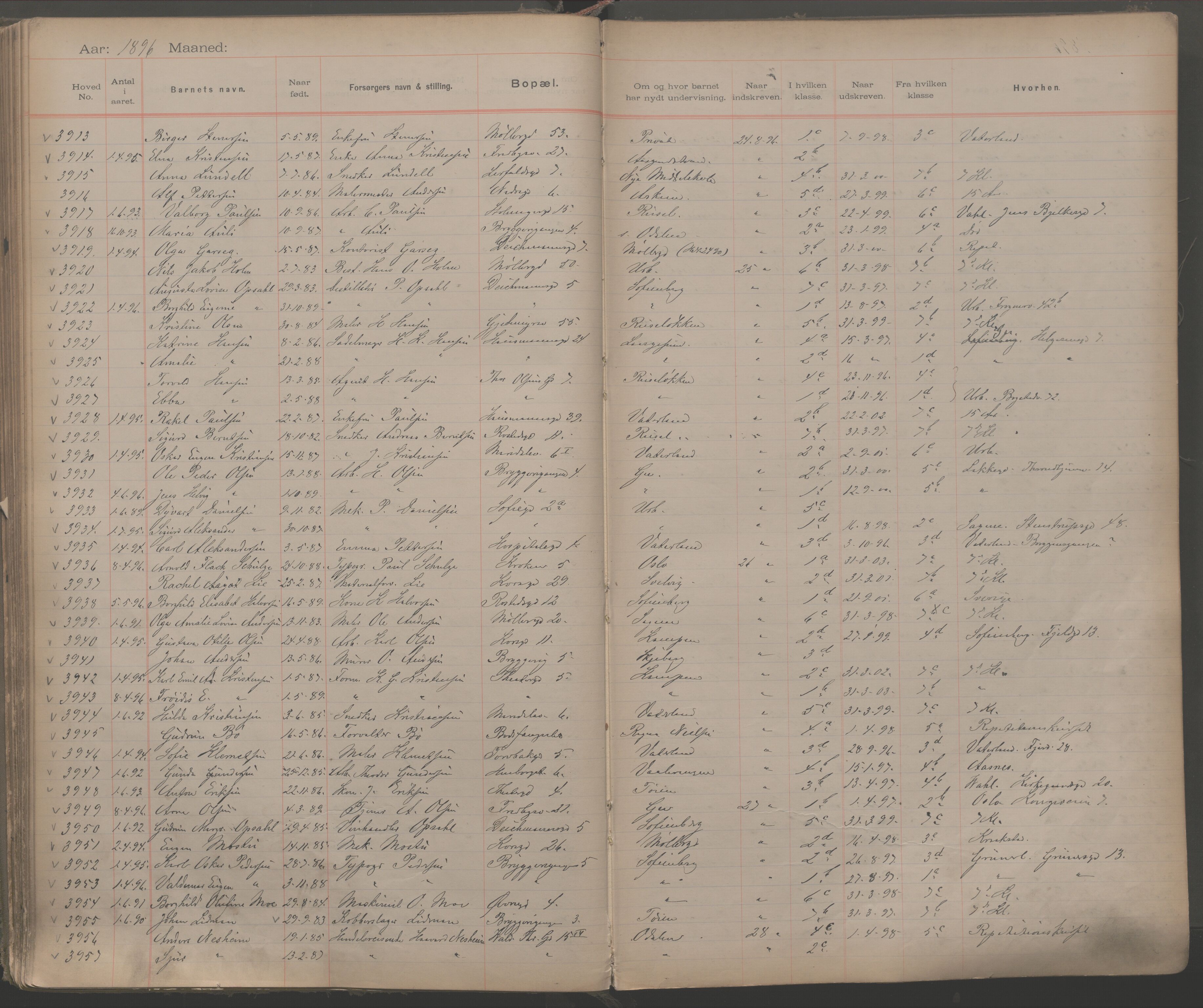 Møllergata skole, OBA/A-20129/F/Fa/L0001: Ut-/innskrivningsprotokoll, 1889-1907, p. 93