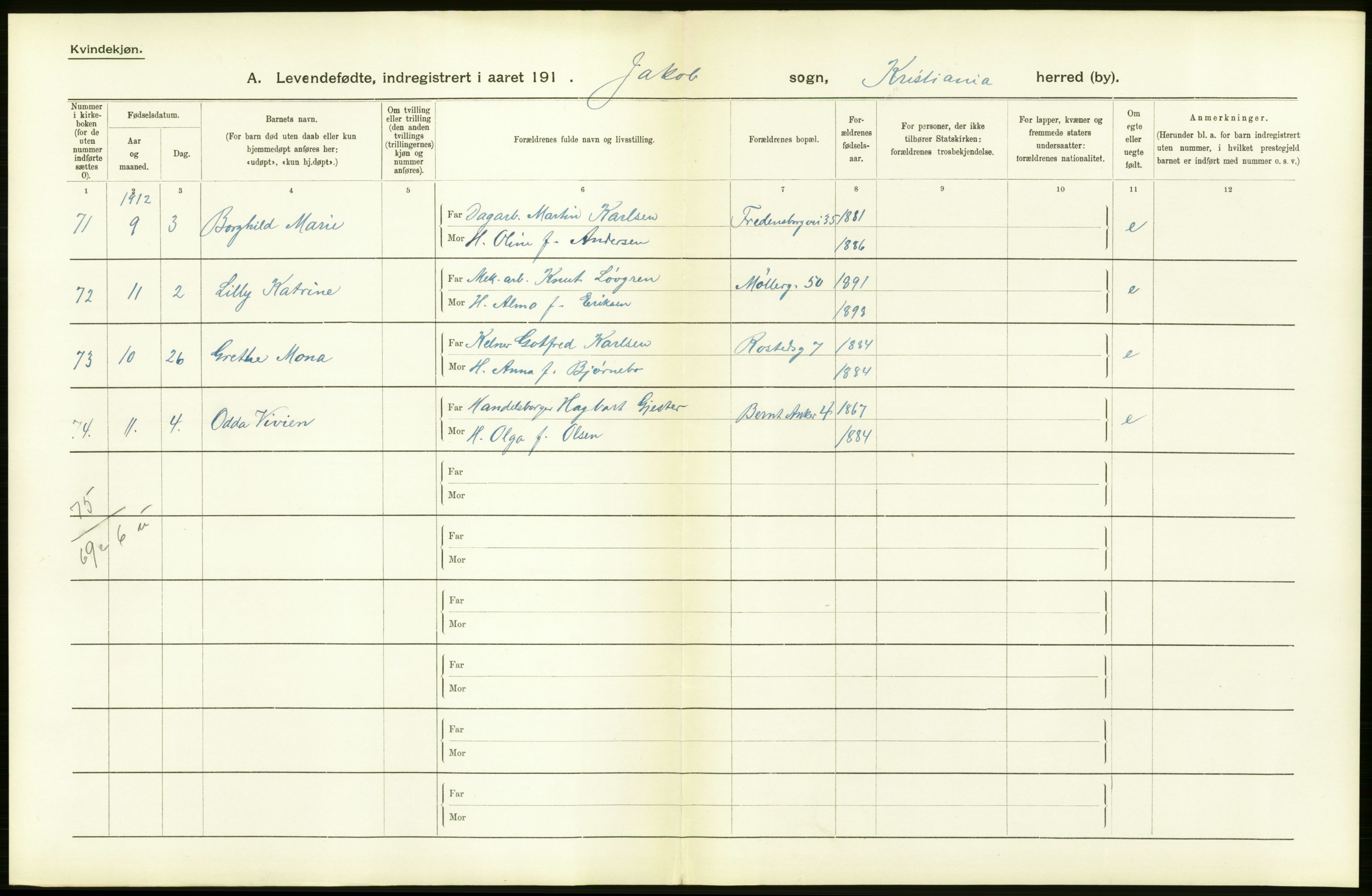 Statistisk sentralbyrå, Sosiodemografiske emner, Befolkning, AV/RA-S-2228/D/Df/Dfb/Dfbb/L0006: Kristiania:  Levendefødte menn og kvinner., 1912, p. 20