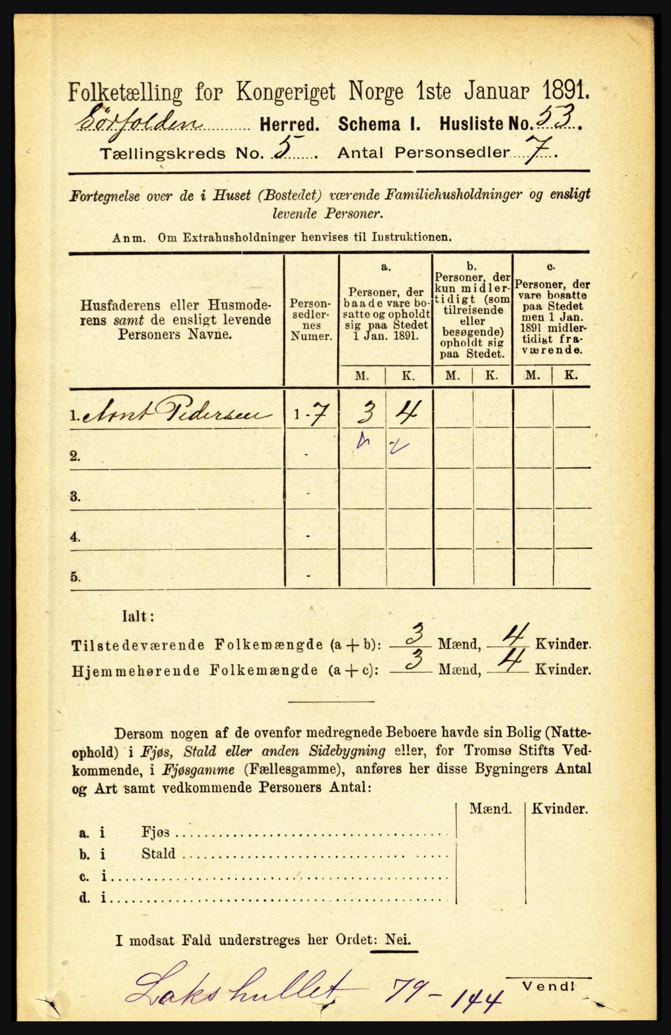 RA, 1891 census for 1845 Sørfold, 1891, p. 1355