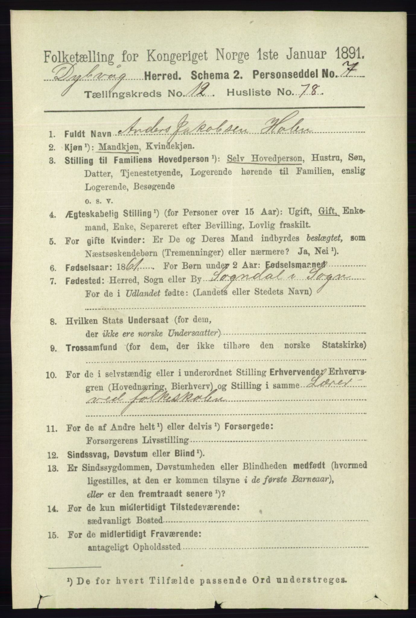 RA, 1891 census for 0915 Dypvåg, 1891, p. 5220