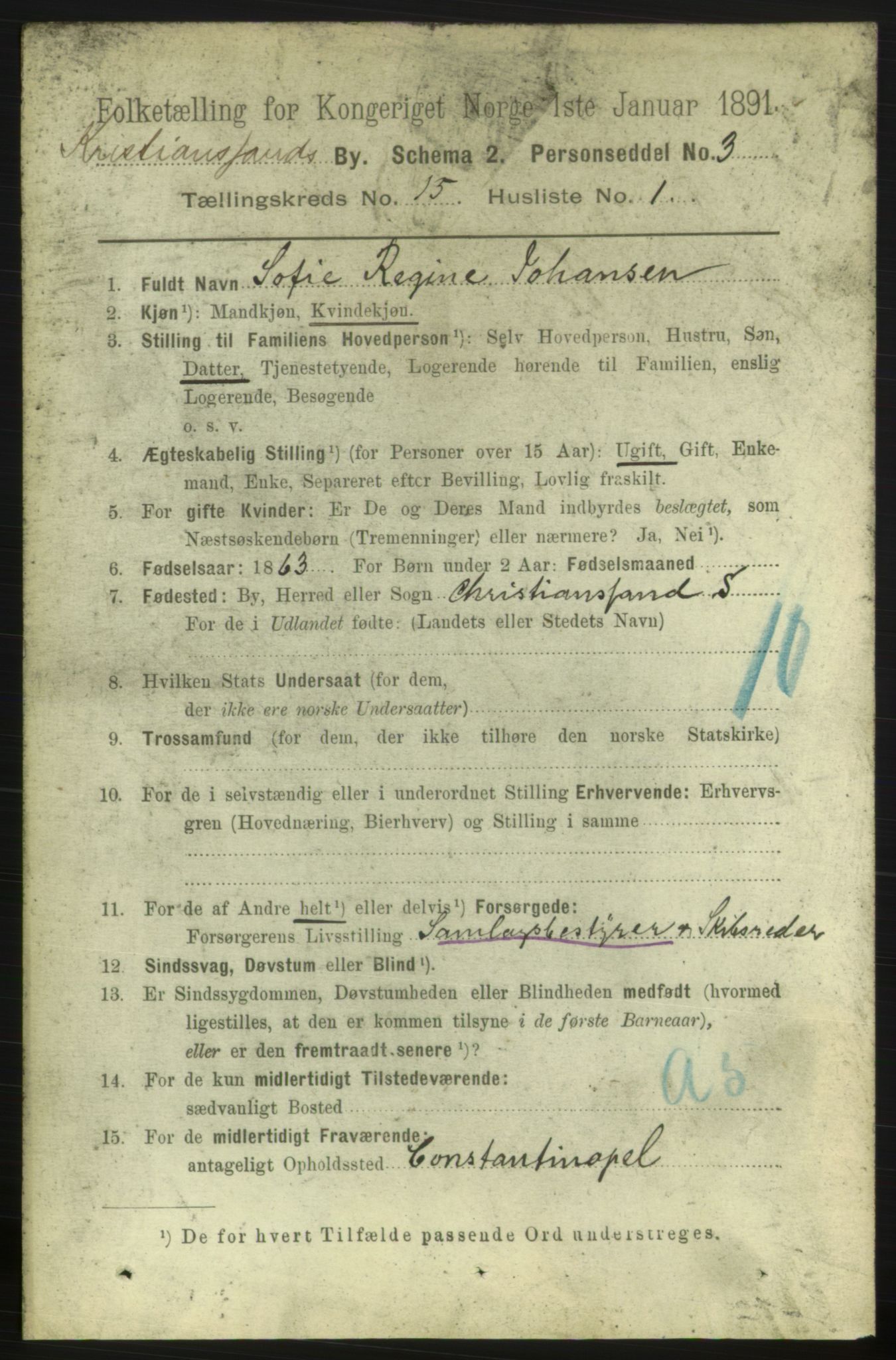 RA, 1891 census for 1001 Kristiansand, 1891, p. 6319