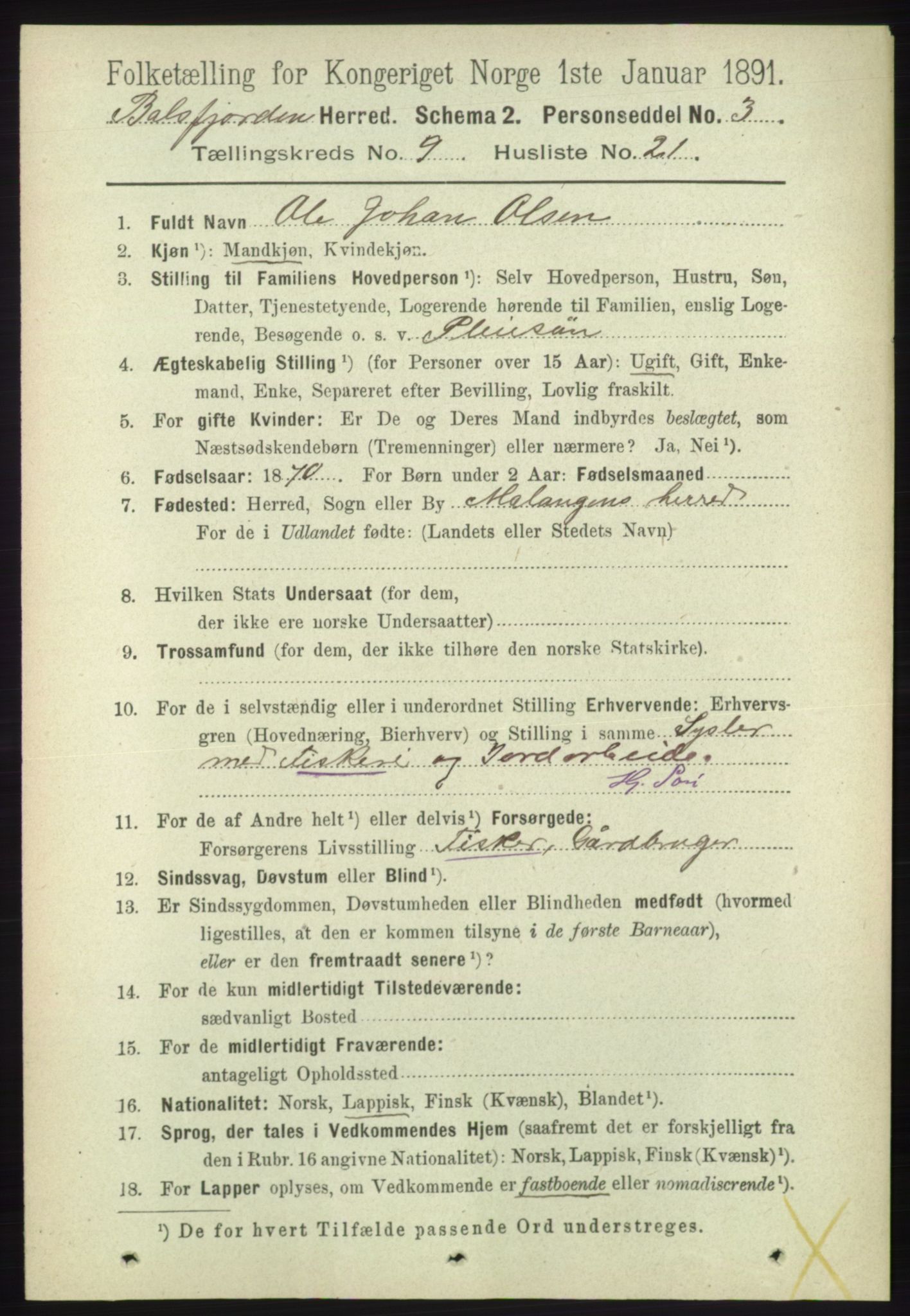 RA, 1891 census for 1933 Balsfjord, 1891, p. 3278