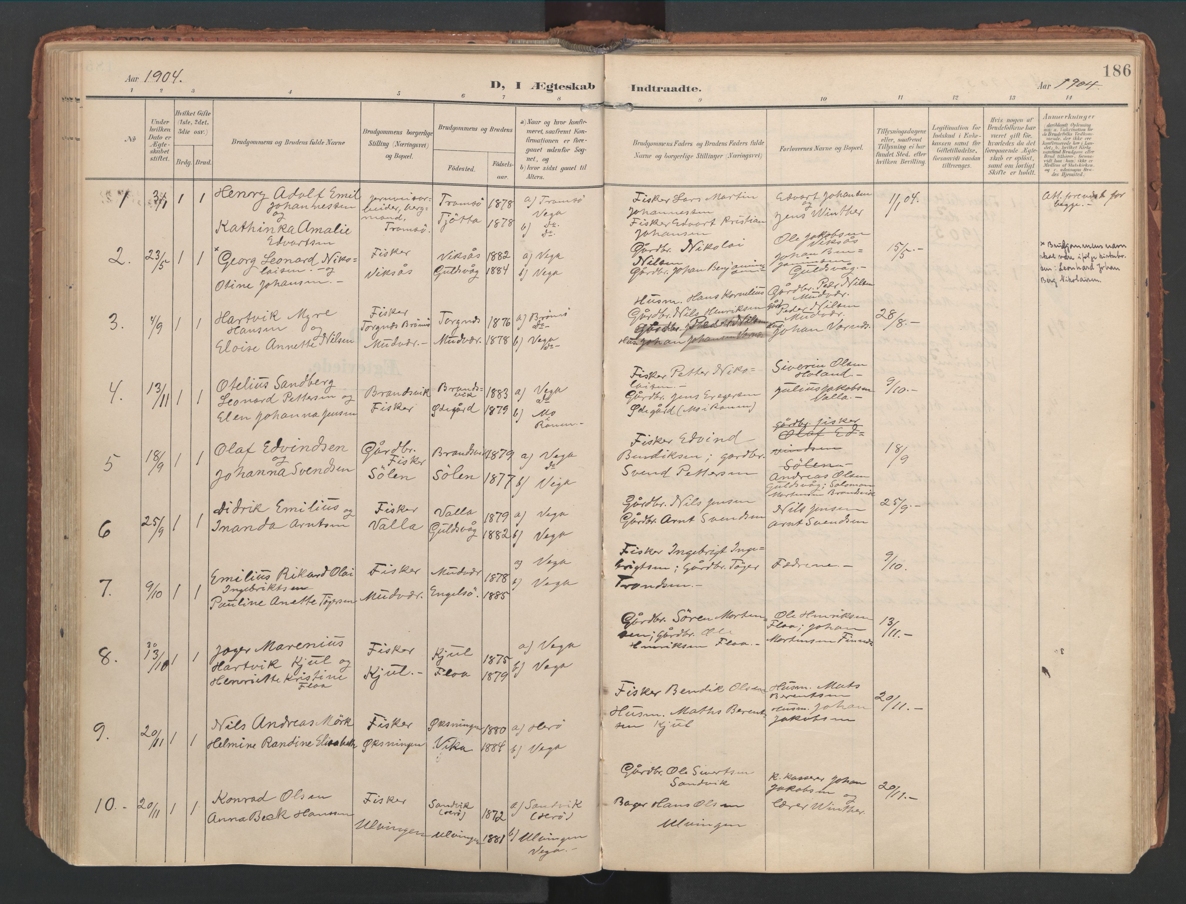 Ministerialprotokoller, klokkerbøker og fødselsregistre - Nordland, AV/SAT-A-1459/816/L0250: Parish register (official) no. 816A16, 1903-1923, p. 186