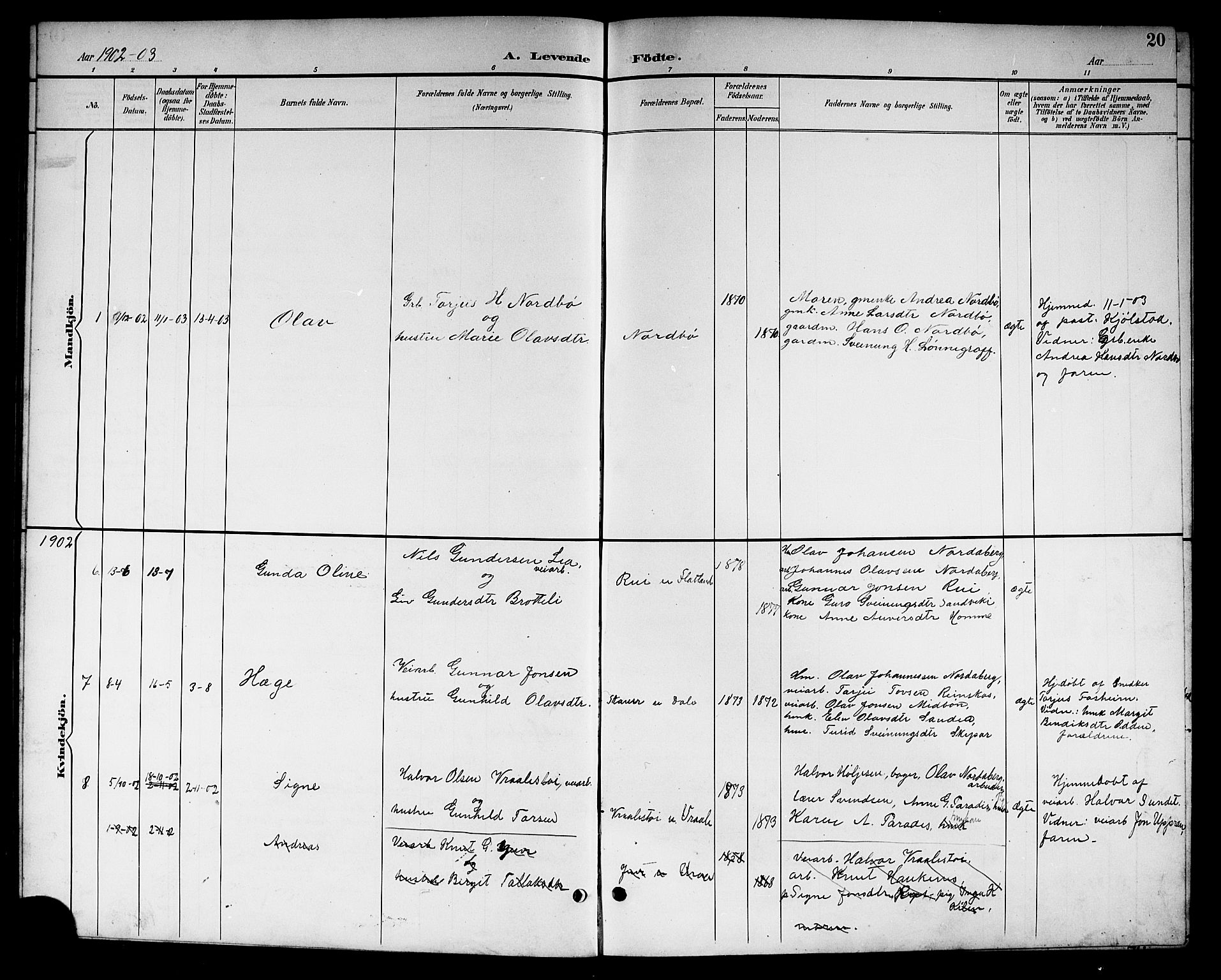 Kviteseid kirkebøker, SAKO/A-276/G/Gc/L0001: Parish register (copy) no. III 1, 1893-1916, p. 20