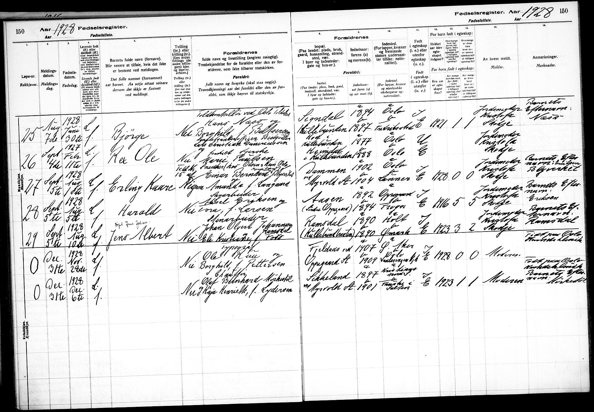 Nesodden prestekontor Kirkebøker, SAO/A-10013/J/Jb/L0001: Birth register no. II 1, 1916-1933, p. 150