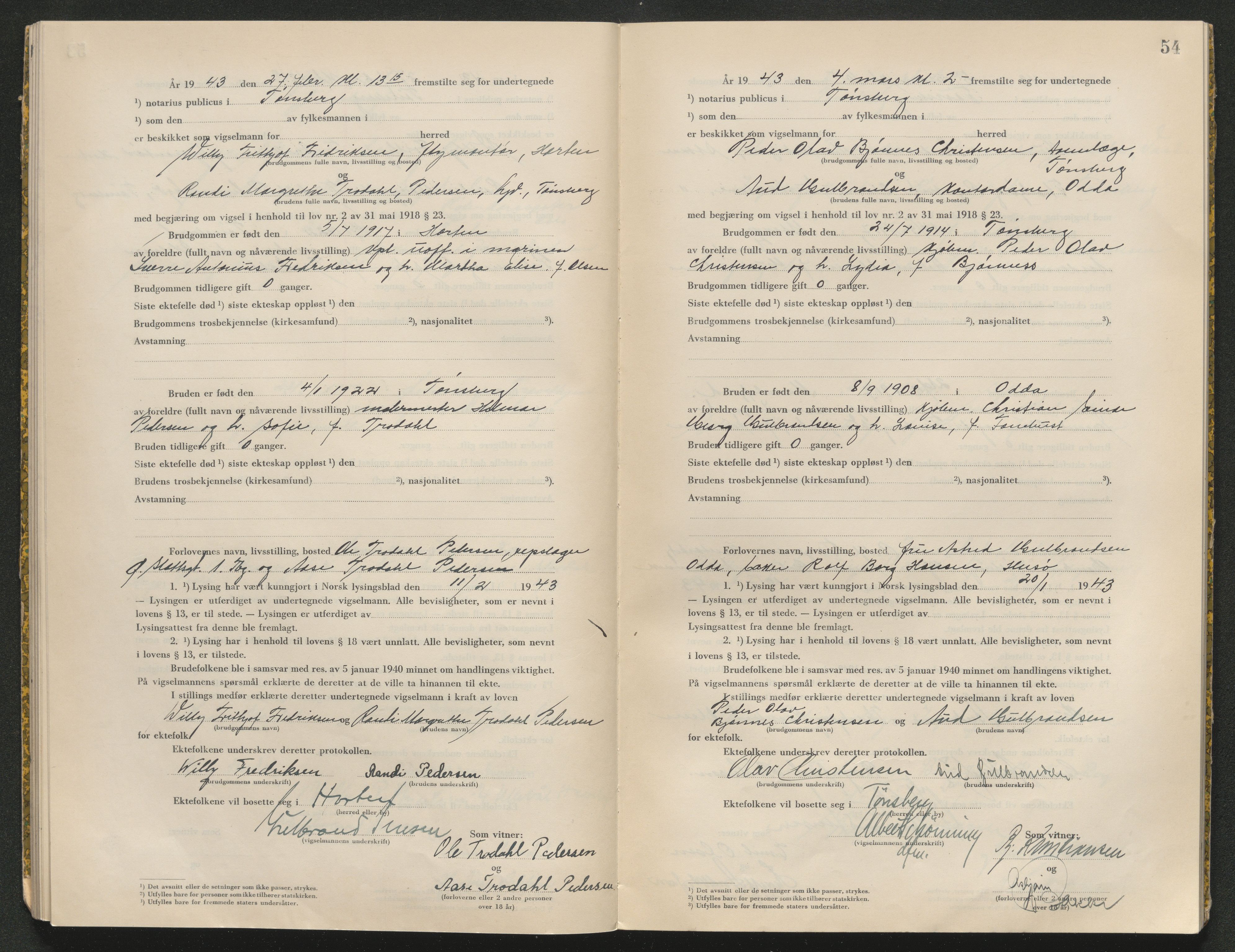 Tønsberg sorenskriveri, AV/SAKO-A-130/L/Lb/L0003: Vigselprotokoll, 1942-1943, p. 54