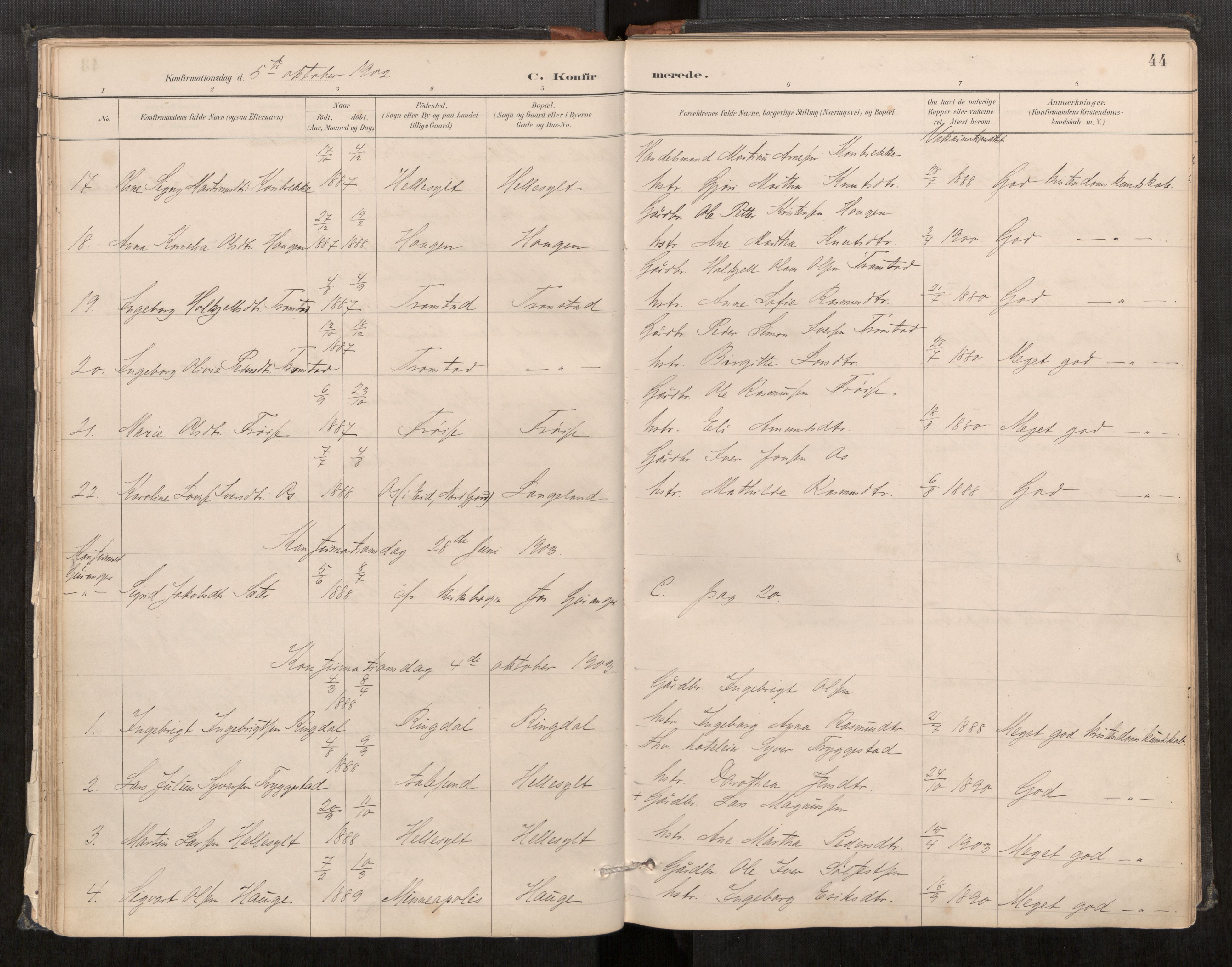 Sunnylven sokneprestkontor, AV/SAT-A-1007: Parish register (official) no. 517A09, 1887-1910, p. 44