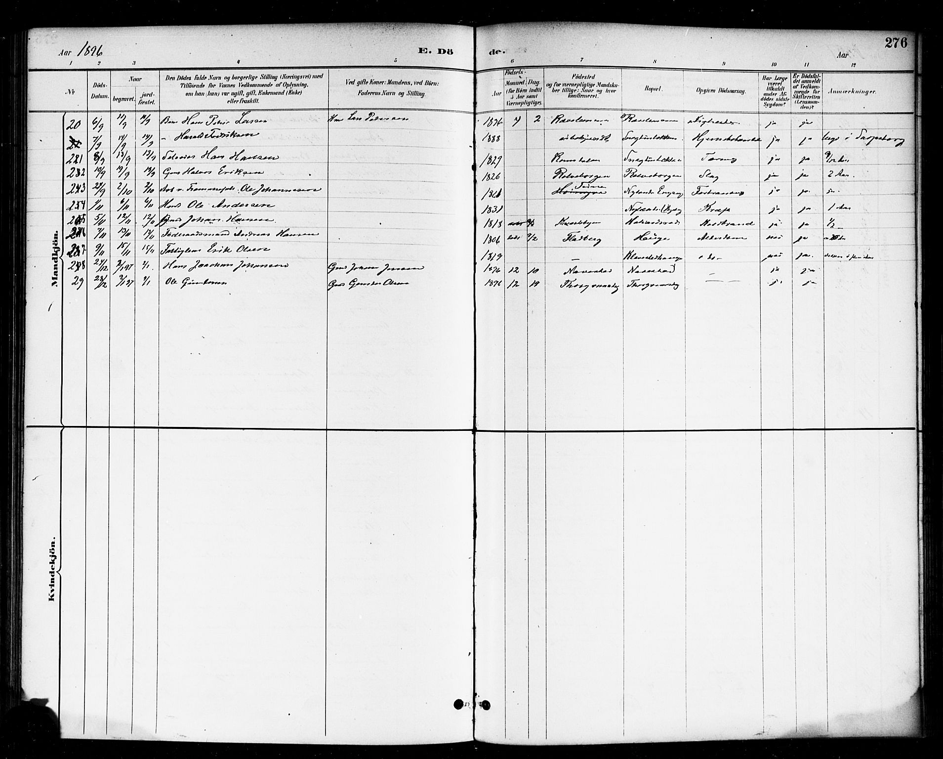 Skjeberg prestekontor Kirkebøker, SAO/A-10923/F/Fa/L0009: Parish register (official) no. I 9, 1886-1897, p. 276