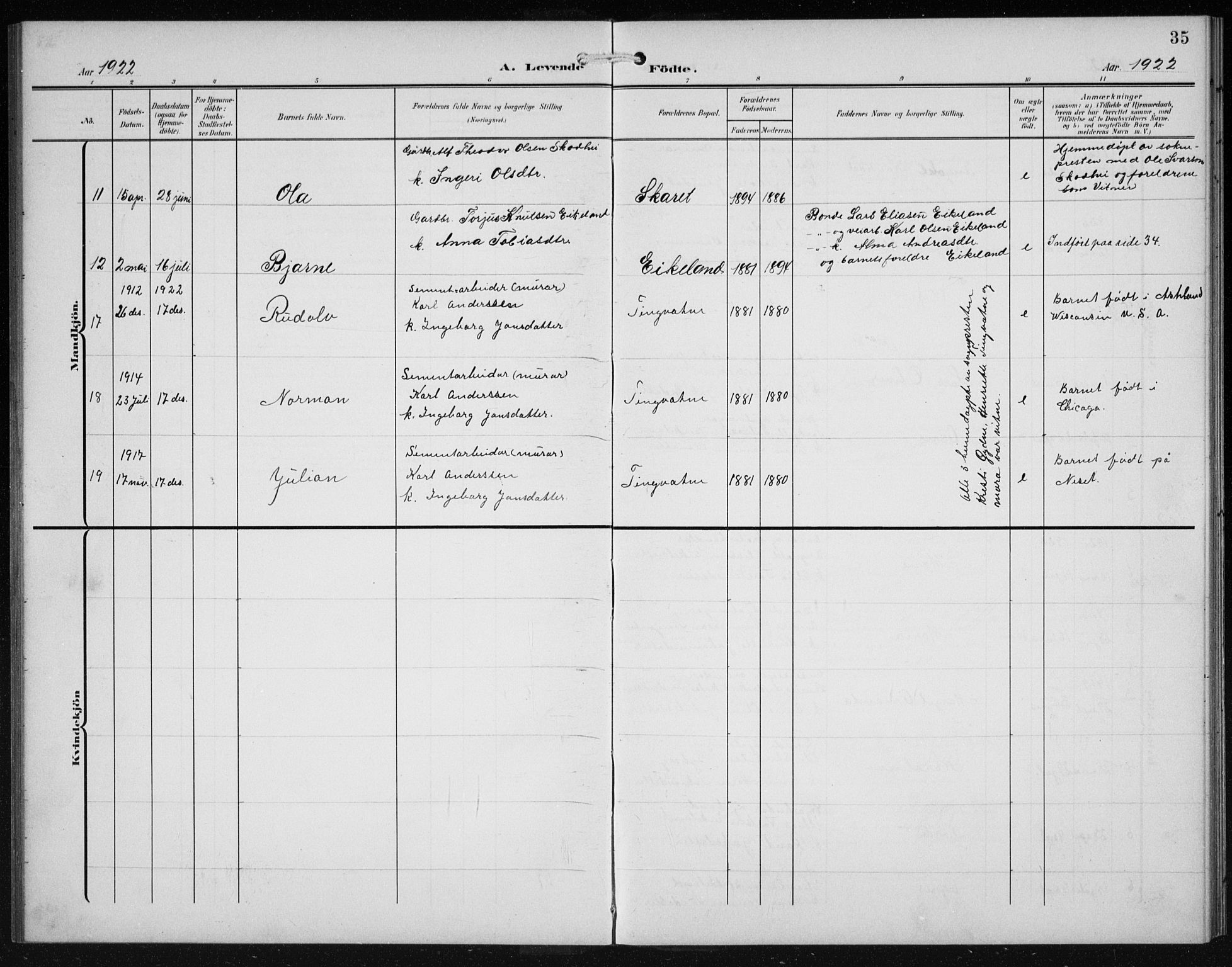 Hægebostad sokneprestkontor, SAK/1111-0024/F/Fb/Fba/L0005: Parish register (copy) no. B 5, 1907-1931, p. 35