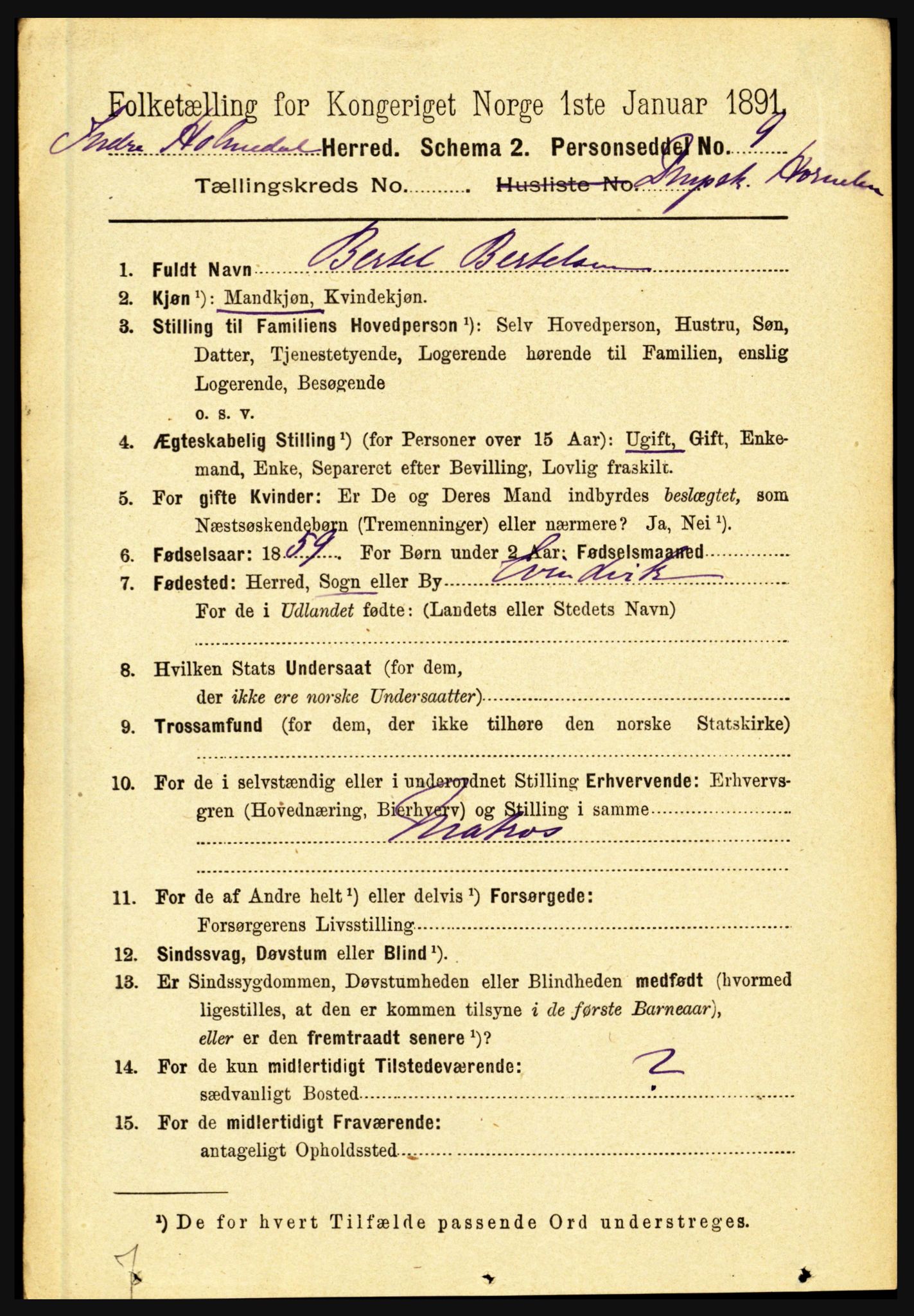 RA, 1891 census for 1430 Indre Holmedal, 1891, p. 4500