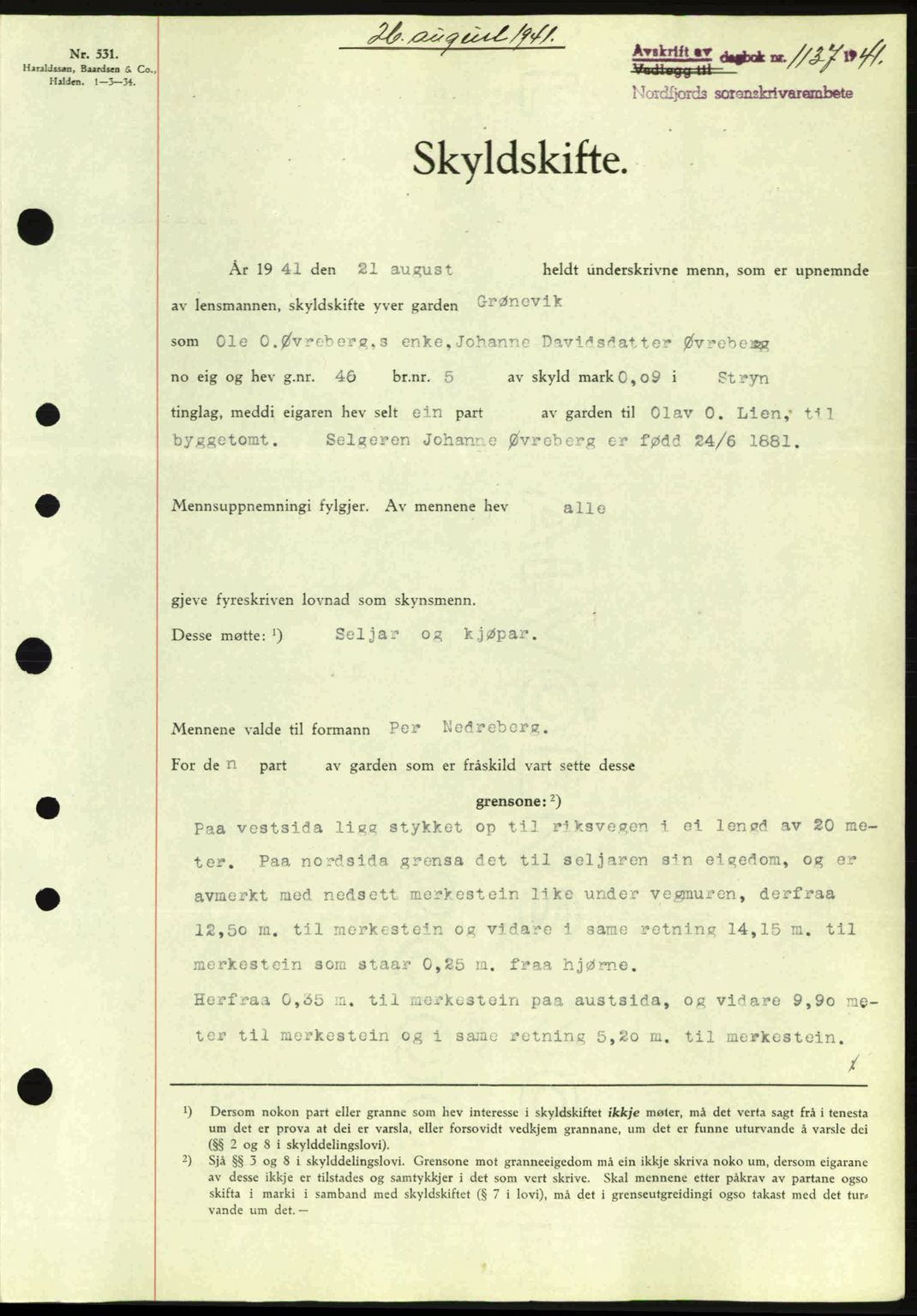 Nordfjord sorenskriveri, AV/SAB-A-2801/02/02b/02bj/L0006: Mortgage book no. A6, 1940-1941, Diary no: : 1137/1941