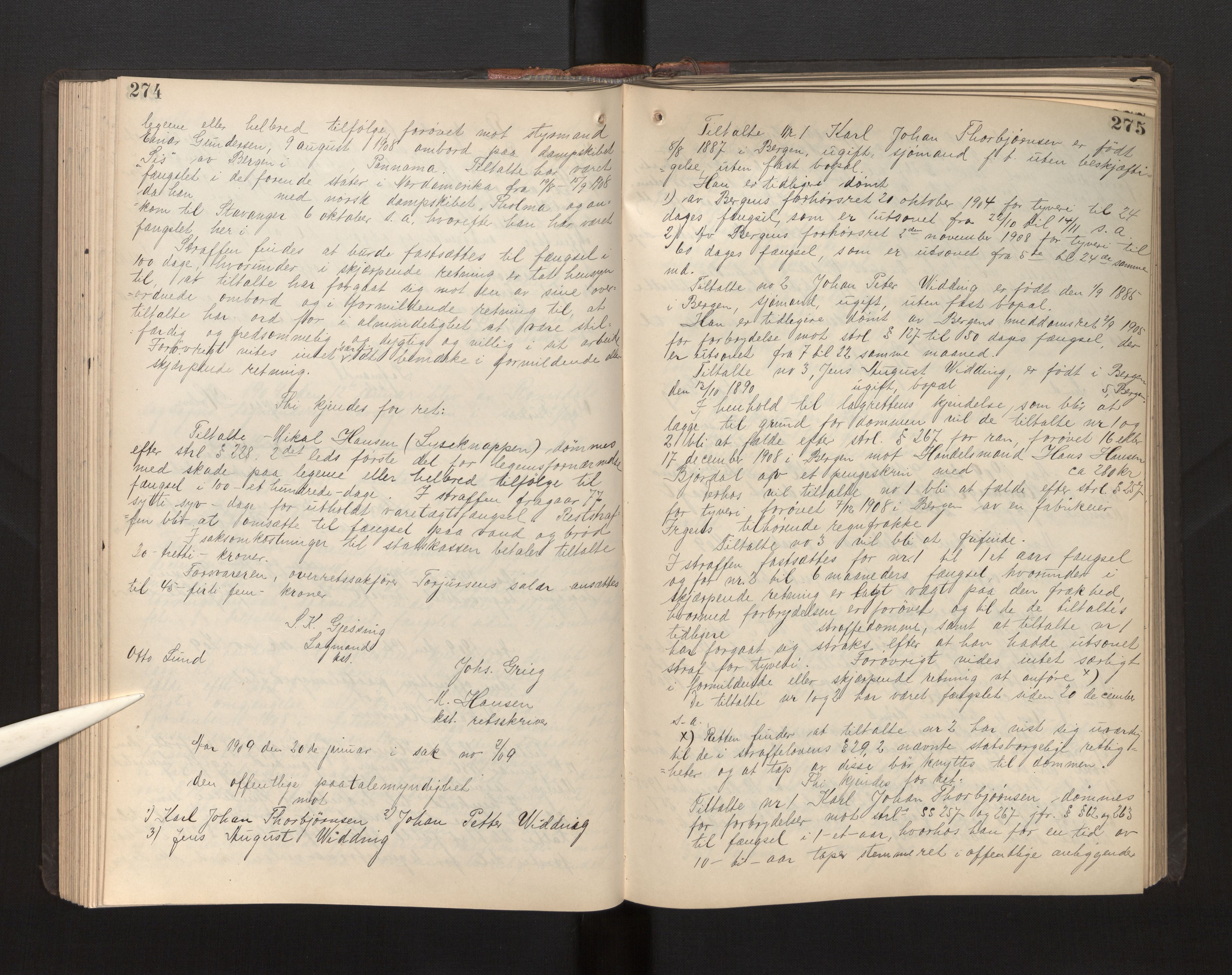 Gulating lagmannsrett, AV/SAB-A-60201/D/Da/L0002: Domsprotokoll for straffesaker - Gula- og Frostating lagdømme., 1906-1910, p. 274-275