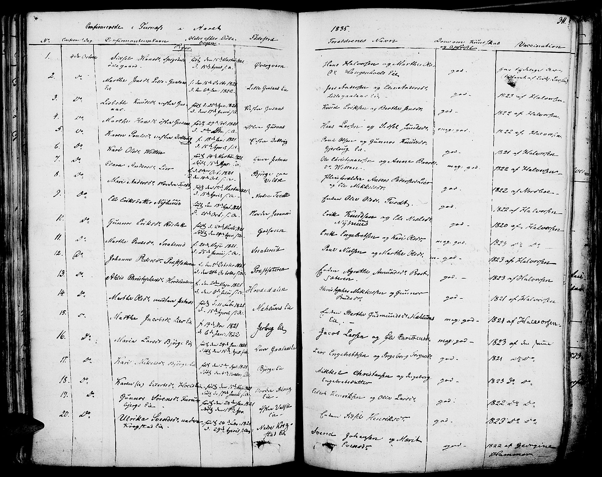 Vang prestekontor, Hedmark, AV/SAH-PREST-008/H/Ha/Haa/L0009: Parish register (official) no. 9, 1826-1841, p. 311