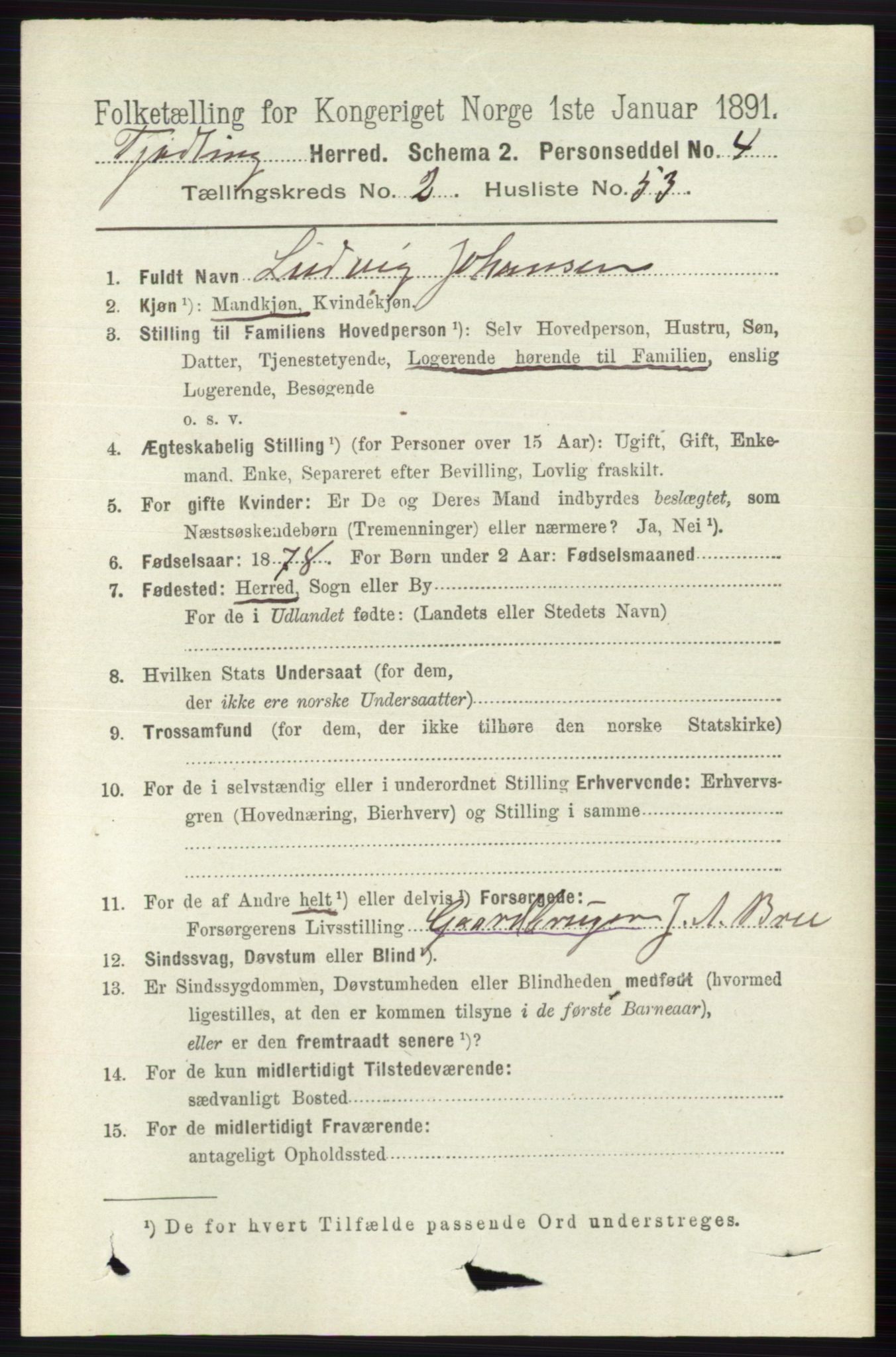 RA, 1891 census for 0725 Tjølling, 1891, p. 818