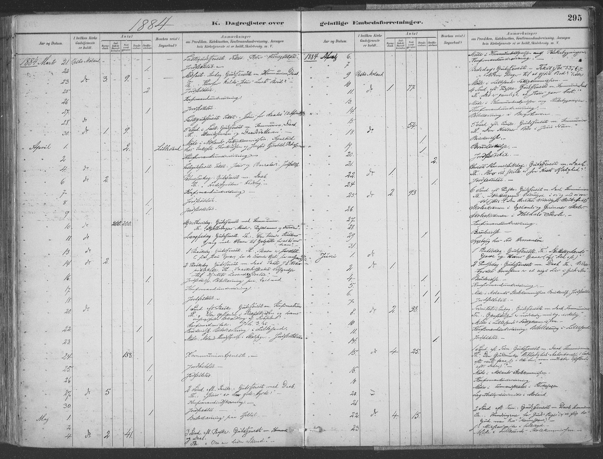 Vestre Moland sokneprestkontor, AV/SAK-1111-0046/F/Fa/Fab/L0009: Parish register (official) no. A 9, 1884-1899, p. 295