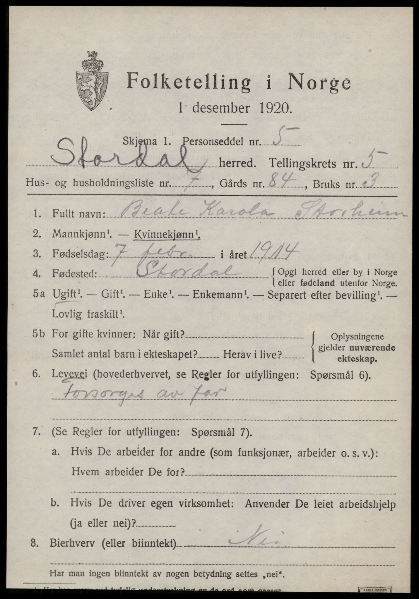 SAT, 1920 census for Stordal, 1920, p. 1622