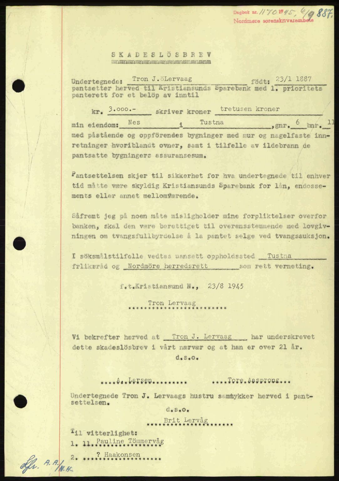 Nordmøre sorenskriveri, AV/SAT-A-4132/1/2/2Ca: Mortgage book no. B92, 1944-1945, Diary no: : 1170/1945