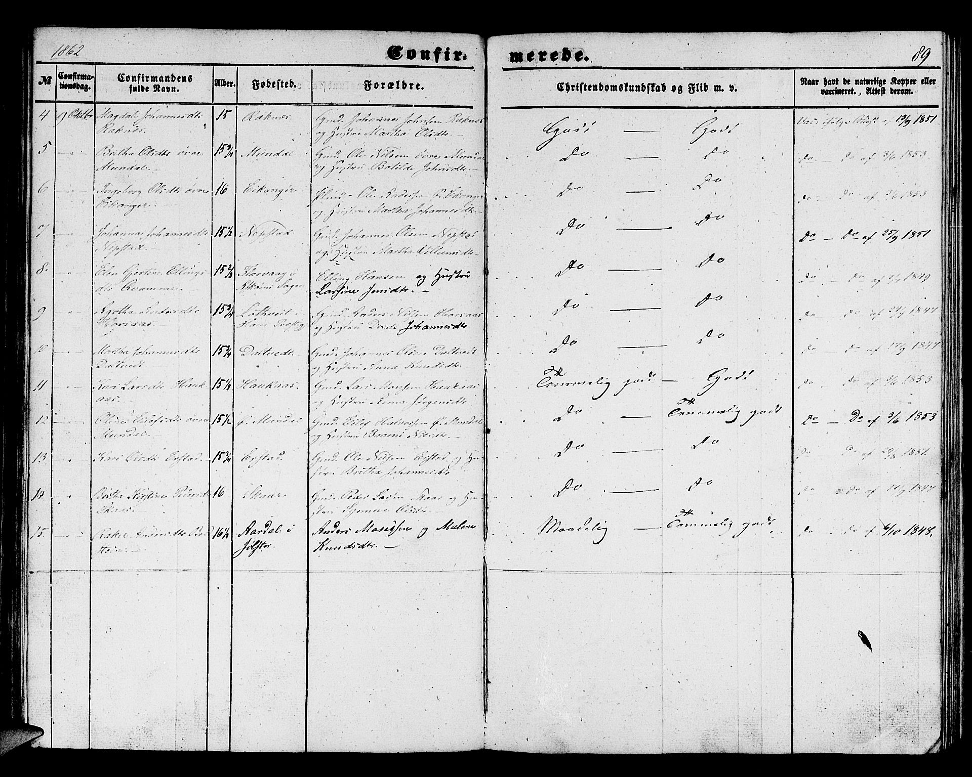 Hamre sokneprestembete, AV/SAB-A-75501/H/Ha/Hab: Parish register (copy) no. B 1, 1852-1863, p. 89