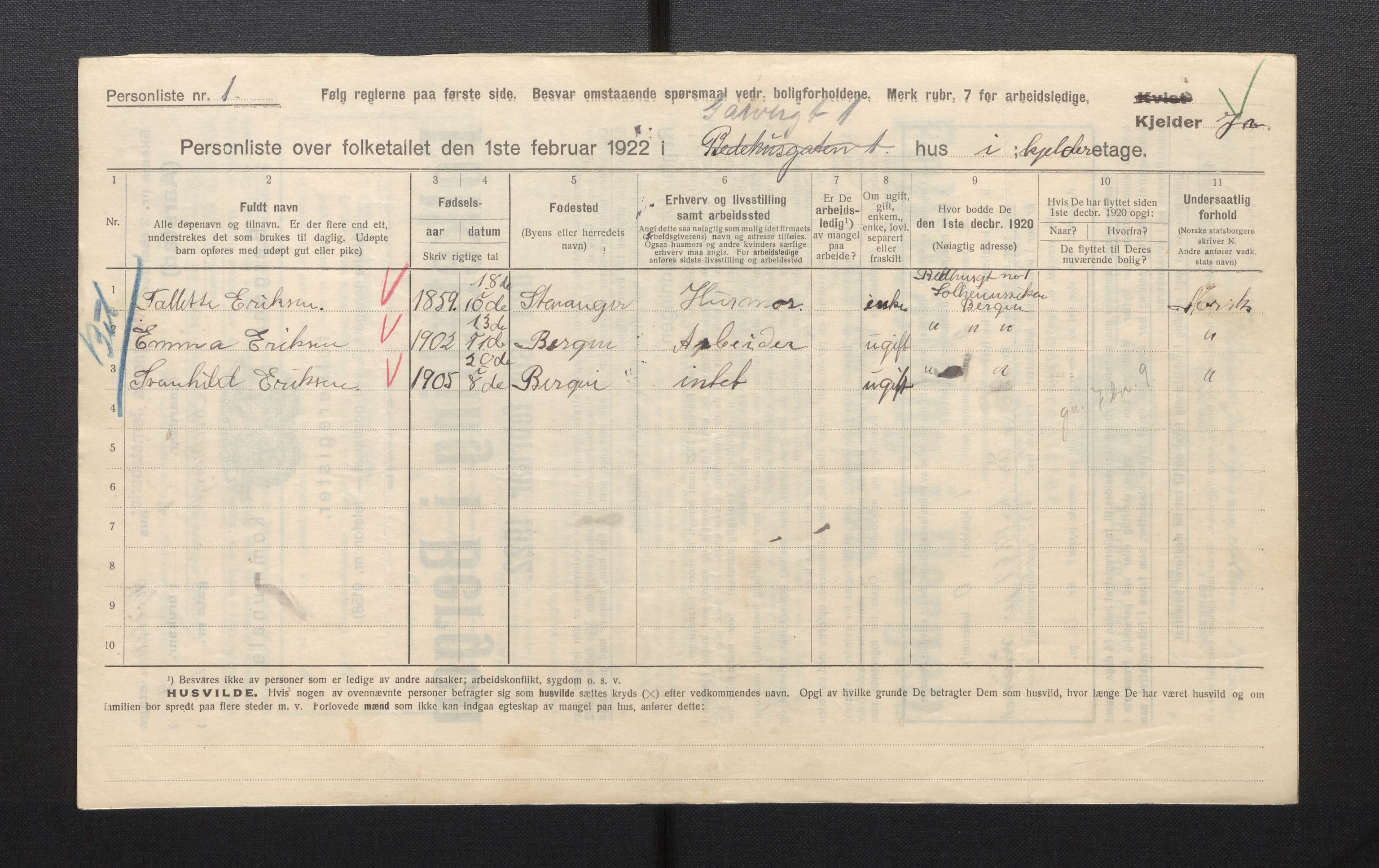 SAB, Municipal Census 1922 for Bergen, 1922, p. 52614