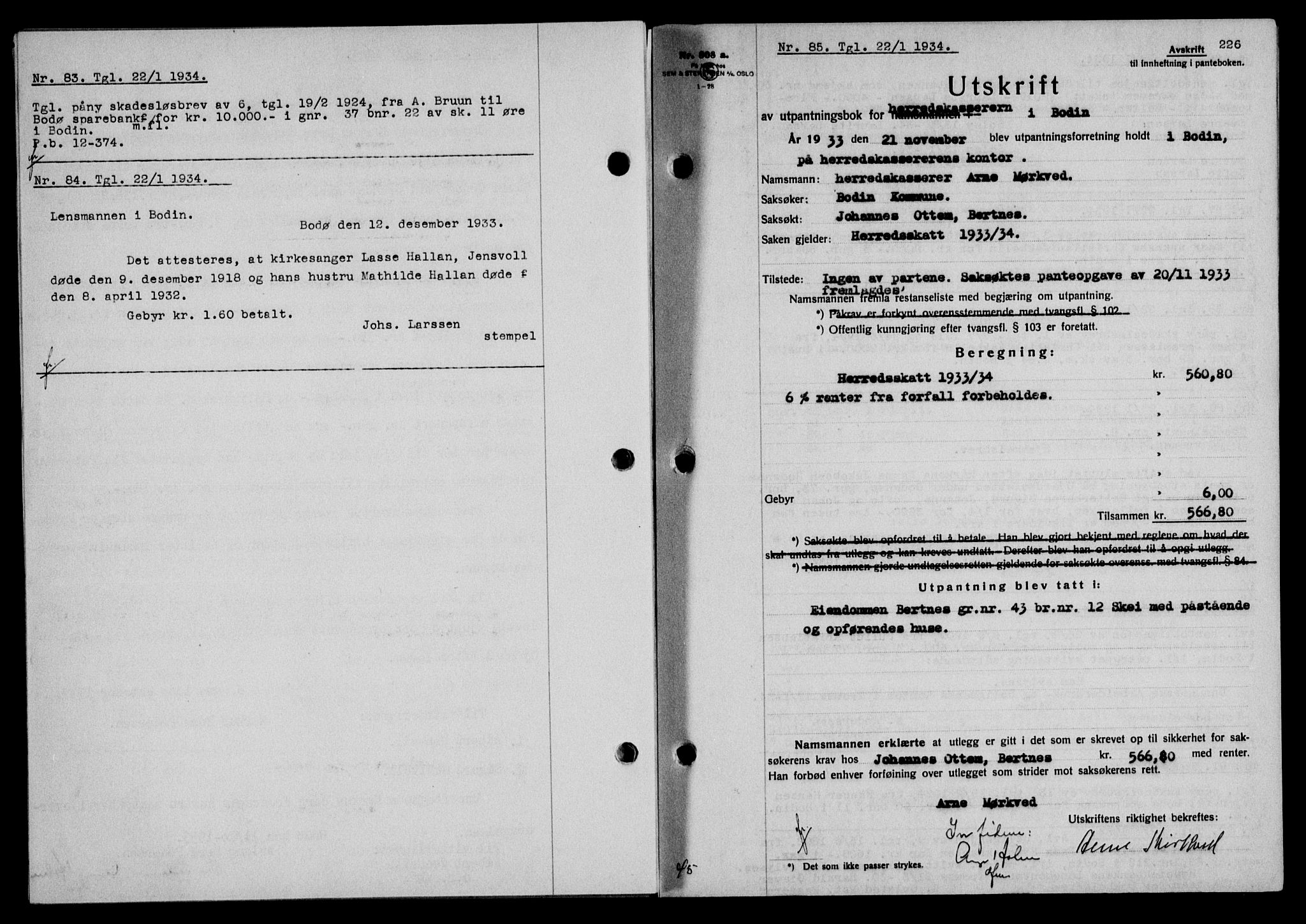 Salten sorenskriveri, SAT/A-4578/1/2/2C/L0064: Mortgage book no. 54, 1933-1934, Deed date: 22.01.1934