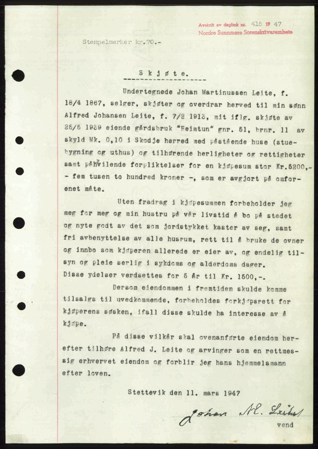 Nordre Sunnmøre sorenskriveri, AV/SAT-A-0006/1/2/2C/2Ca: Mortgage book no. A24, 1947-1947, Diary no: : 415/1947