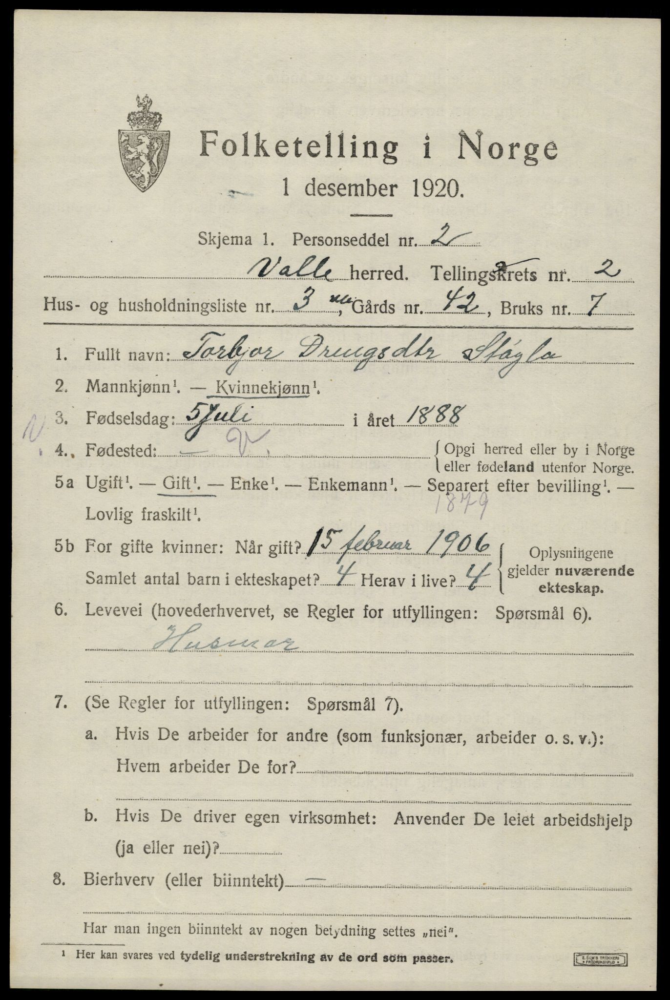 SAK, 1920 census for Valle, 1920, p. 977