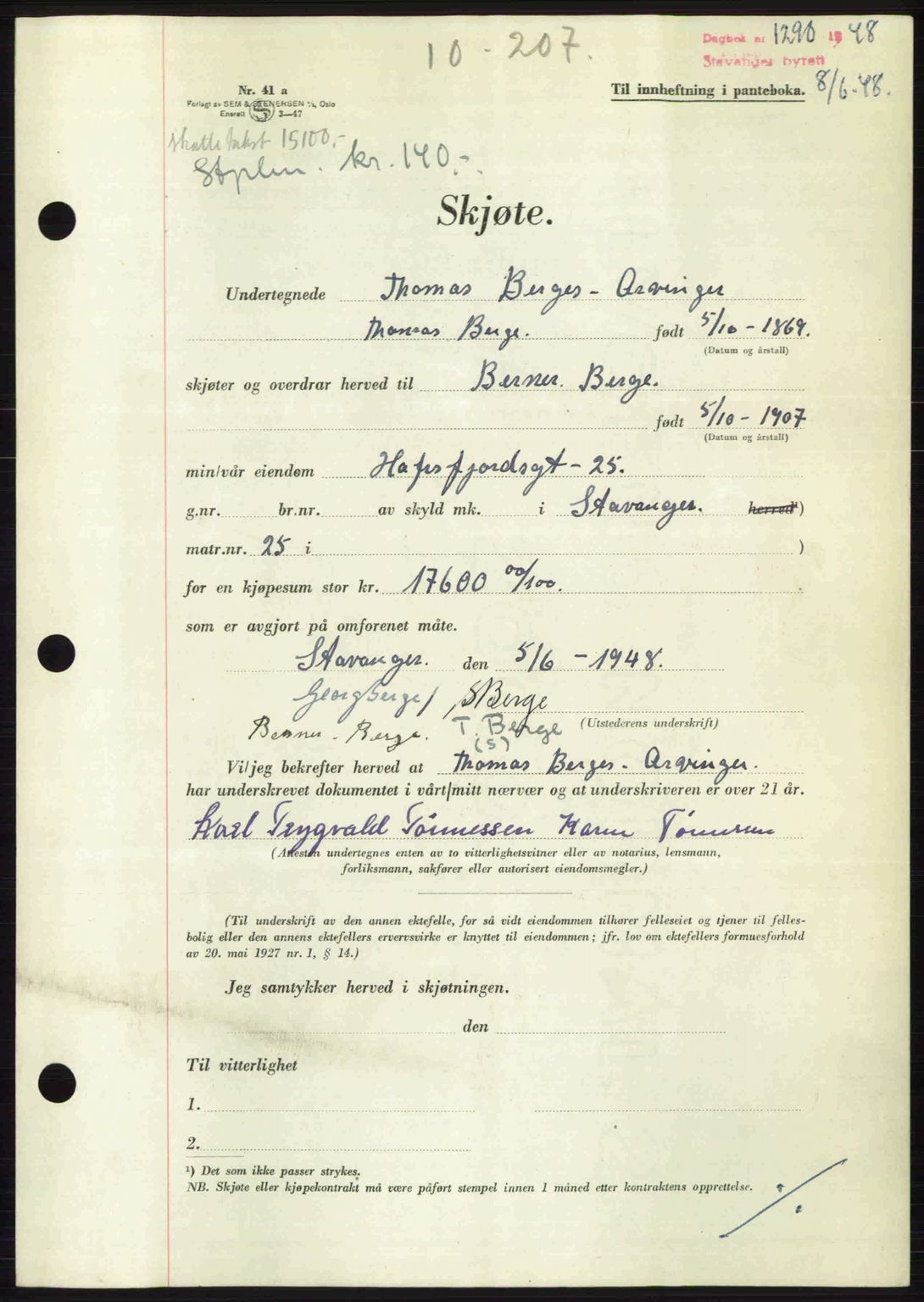 Stavanger byrett, SAST/A-100455/002/G/Gb/L0022: Mortgage book no. A11, 1947-1948, Diary no: : 1290/1948