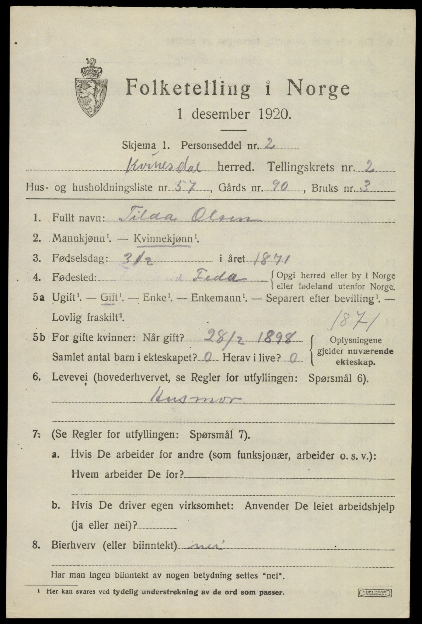 SAK, 1920 census for Kvinesdal, 1920, p. 2455