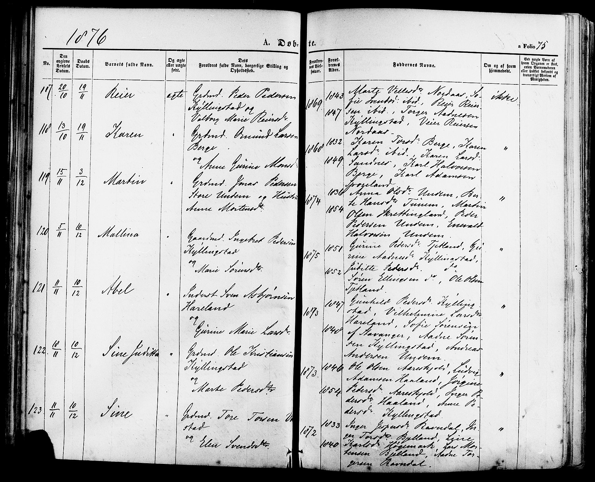 Lye sokneprestkontor, AV/SAST-A-101794/001/30BA/L0008: Parish register (official) no. A 7, 1872-1881, p. 75