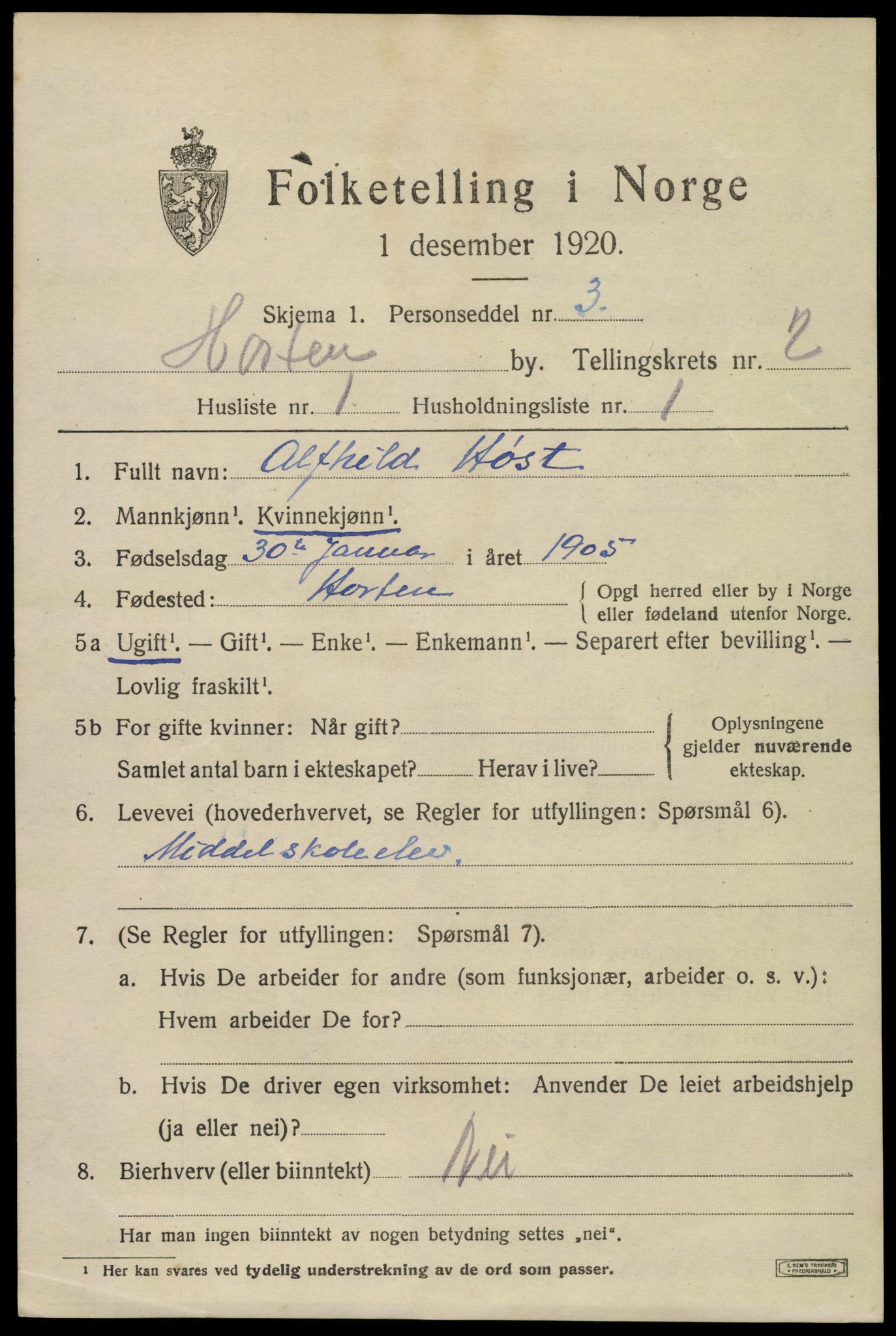 SAKO, 1920 census for Horten, 1920, p. 10207