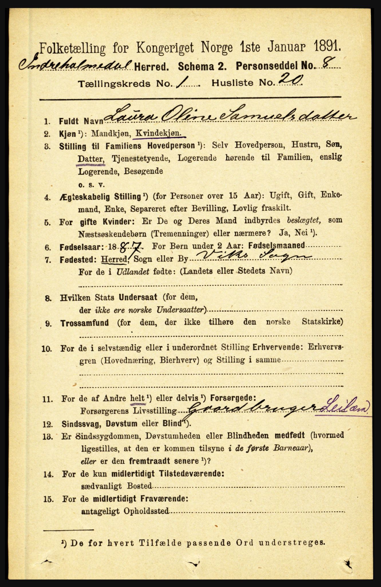 RA, 1891 census for 1430 Indre Holmedal, 1891, p. 214