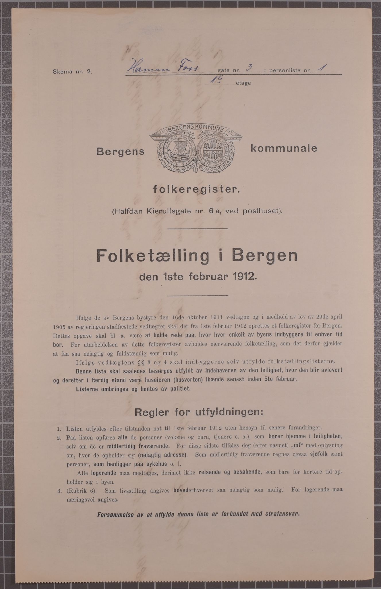 SAB, Municipal Census 1912 for Bergen, 1912, p. 2922