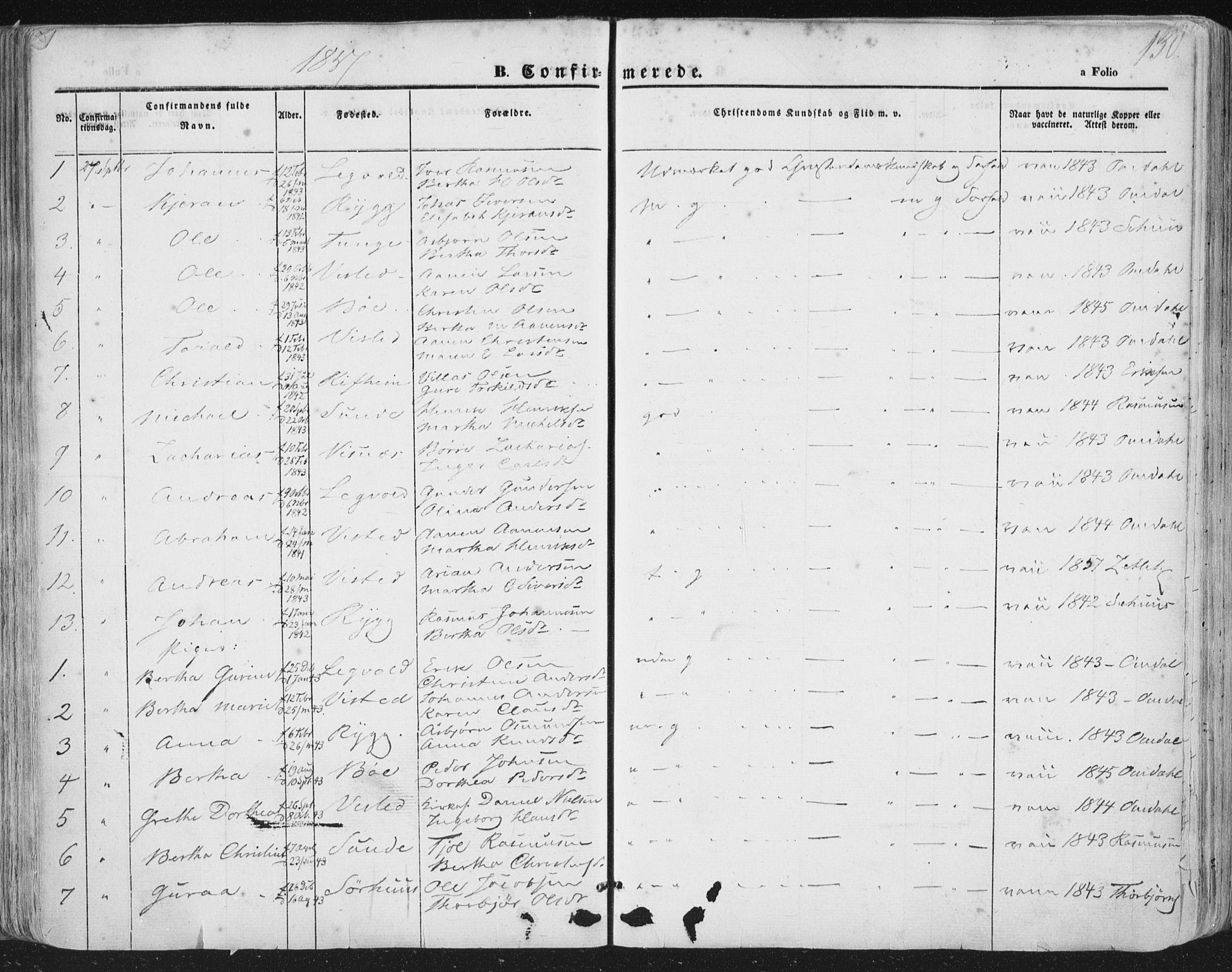 Hetland sokneprestkontor, AV/SAST-A-101826/30/30BA/L0002: Parish register (official) no. A 2, 1849-1869, p. 130